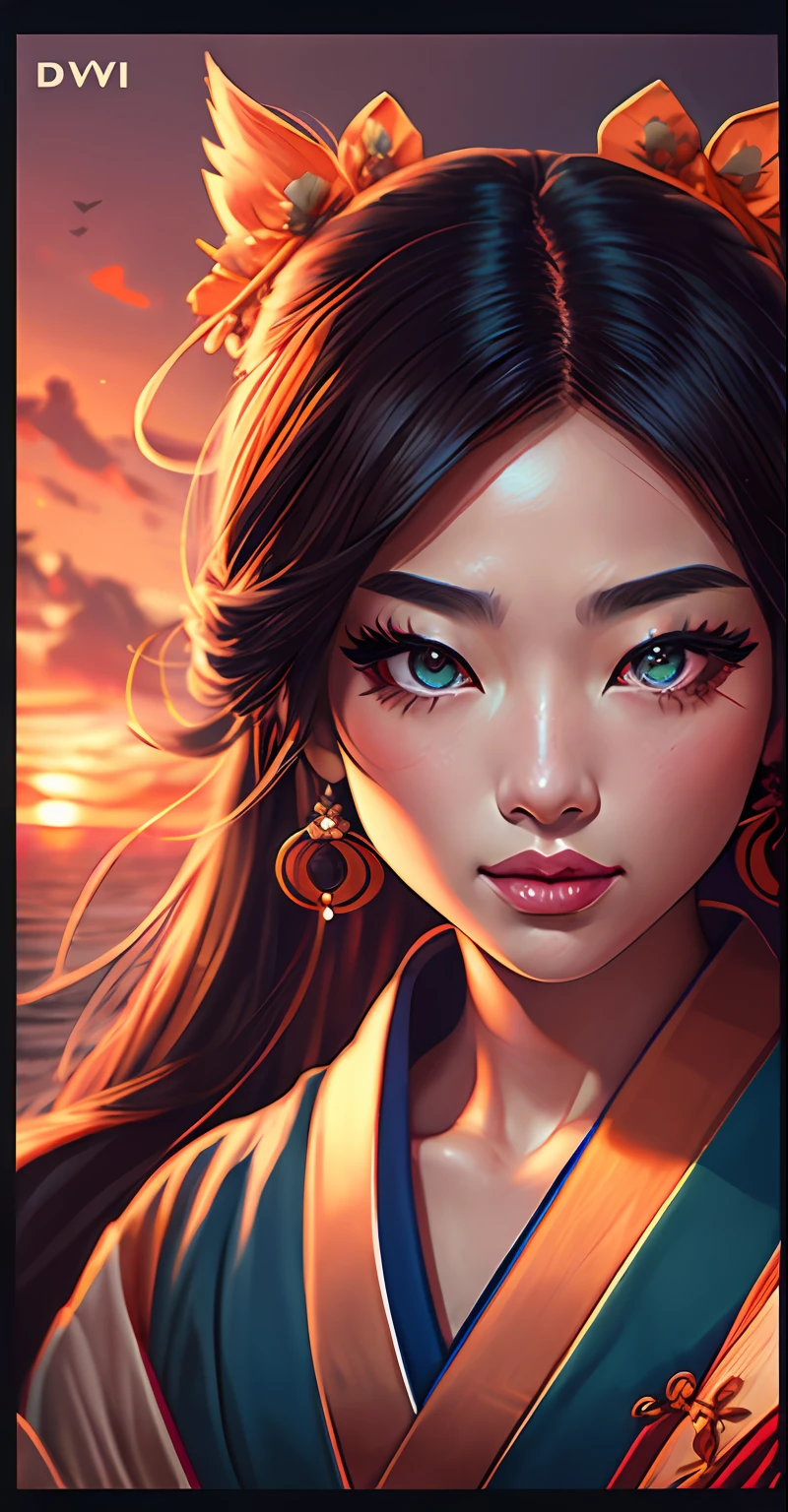 onmyoji,Japanese woman, hyper-detailing, warm tones, intricate details, volumetric, art by Iliya Kuvshinov, a glaring eyes, dvArchModern, 85 mm, f1.8, portraite of a, photo-realistic, A hyper-realistic, orange, Ultra-detailed, intrikate, dramatic, Sunset lighting, eye shadow, wide dynamic range