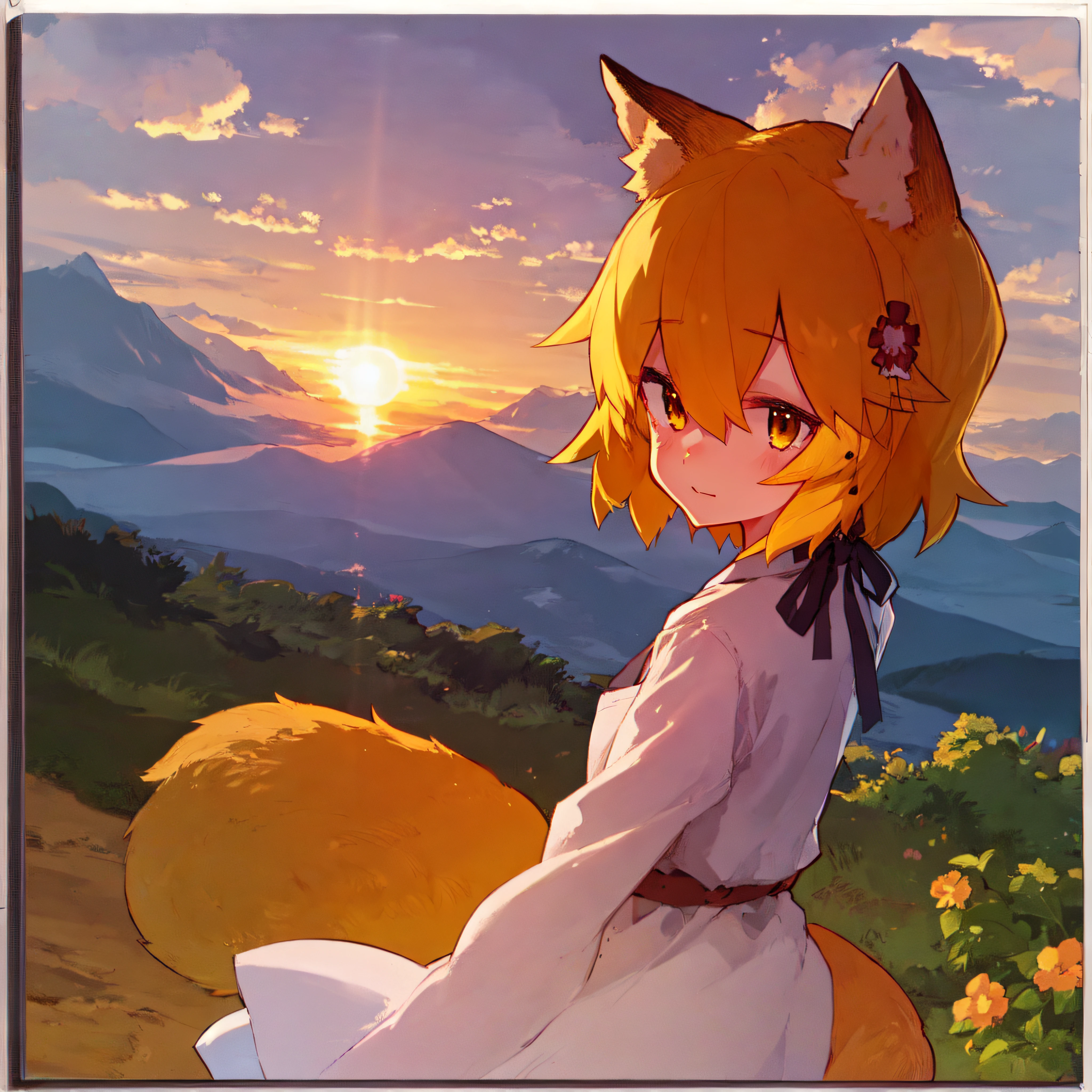 ultra-detailed, (detailed light:1.05), detailed background, detailed face, detailed eyes, sen, animal ears, fox ears, fox girl, fox tail, hair flower, hair ornament, orange eyes, orange hair, short hair, tail, flat chest, 1 girl, solo, mountains, wind, clouds, view from the mountains, sunset, evening, anime, Surrealism, blind box toy style, f/2.8, UHD, anatomically correct, high details
