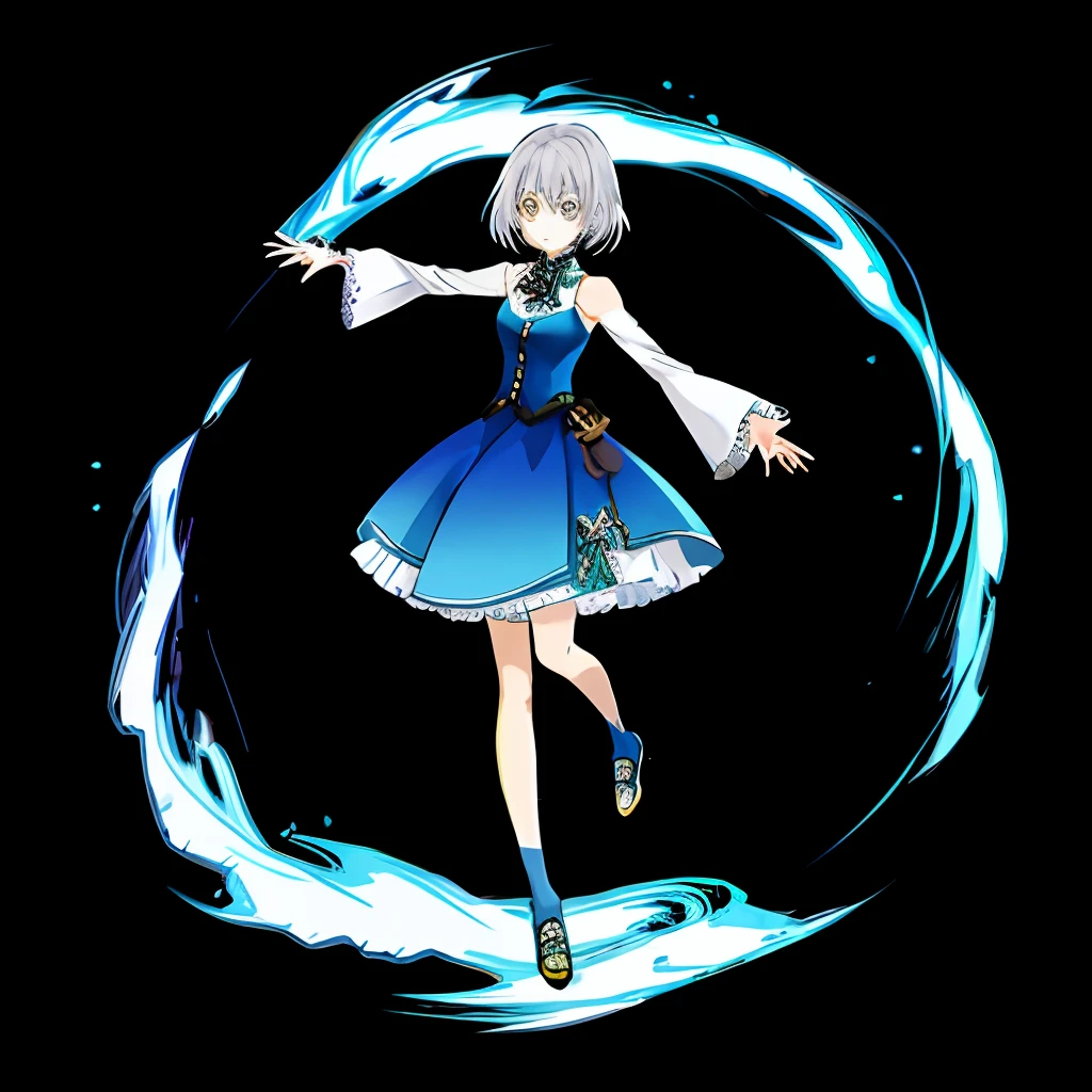 Female anime character blueish-silver hair gold eyes full body