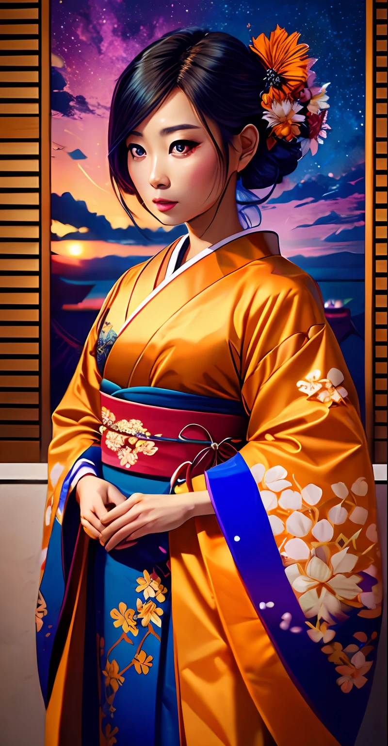 onmyoji,Japanese woman, hyper-detailing, warm tones, intricate details, volumetric, art by Iliya Kuvshinov, a glaring eyes, dvArchModern, 85 mm, f1.8, portraite of a, photo-realistic, A hyper-realistic, orange, Ultra-detailed, intrikate, dramatic, Sunset lighting, eye shadow, wide dynamic range