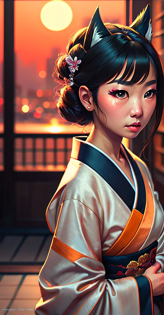 onmyoji,Japanese woman, hyper-detailing, warm tones, intricate details, volumetric, art by Iliya Kuvshinov, a glaring eyes, dvArchModern, 85 mm, f1.8, portraite of a, photo-realistic, A hyper-realistic, orange, Ultra-detailed, intrikate, dramatic, Sunset lighting, eye shadow, wide dynamic range