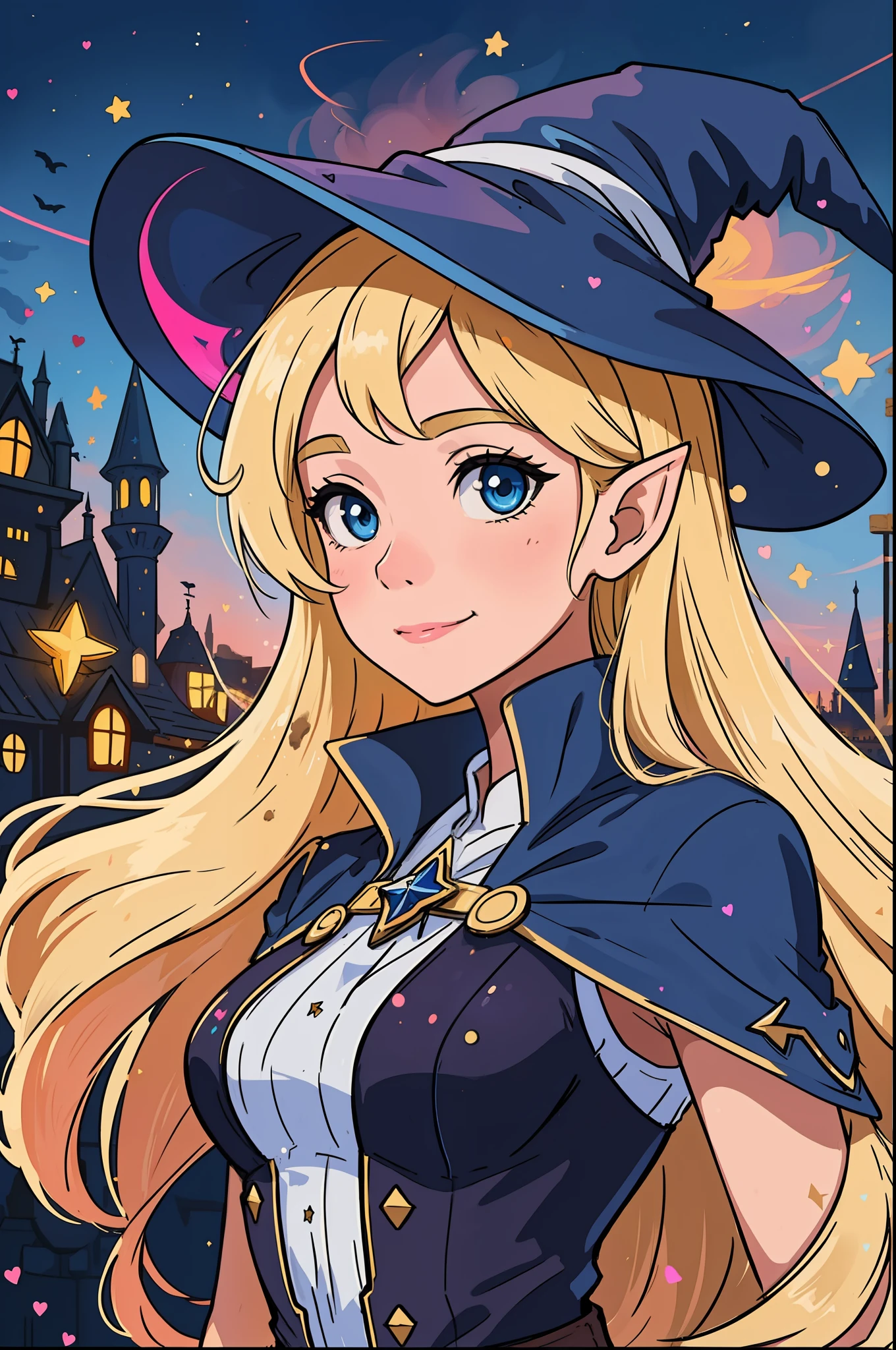 The perfect masterpiece,Highest quality,Perfect artwork,8K,Upper Body Lens,front portrait,Delicate face,Face Close-up,Watching the audience, Wizard apprentice girl,(pointy royal blue witch hat:1.3),(white star print on hat:0.8),Magical transparent eyes,(dirty blonde hair:1.2),(young:1.4),(small breasts:1.3),large eyes,happy,warm smile,slender,slim build,thin waist,(💖:1.3),Digital Art,plane illustrations,colorful illustration,minimalist style,anime cartoon style,glowing magical effects, fantasy city background, (elf ears:1.1)