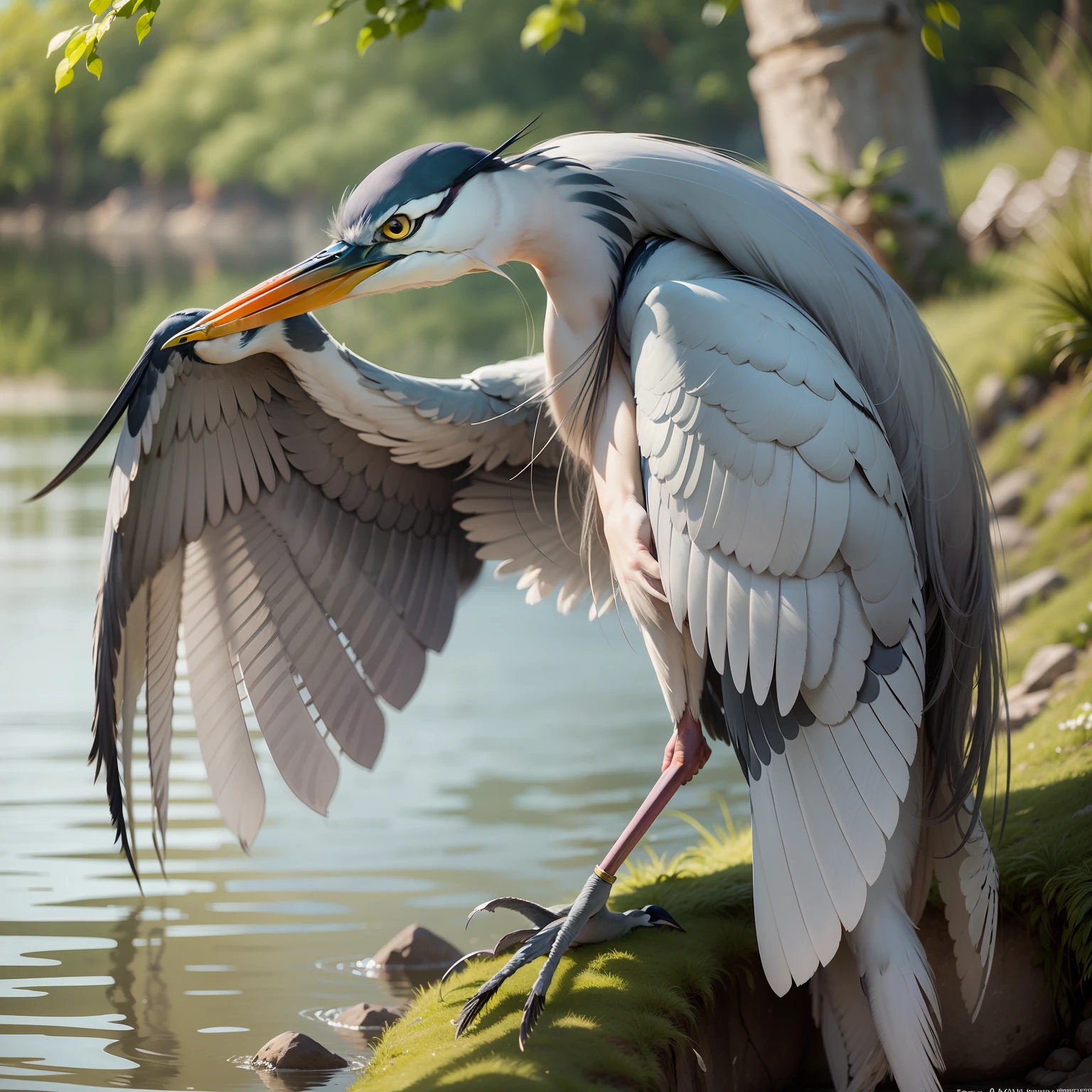 A man transformed into a gray heron flaps his wings and is about to fly away. depicting a partial transformation with certain body parts transformed into heron features. The man has no arms and has changed to the wings of a heron. The heron's expression is playful. The artwork is set against a serene lake background. The man wears nothing and the skin on his body emphasizes his complete transformation into a heron. The camera used is a high-resolution DSLR, capturing the intricate details of the transformation. The composition focuses on the heron's face and the heron features, creating a visually striking juxtaposition. The perspective is slightly elevated, providing a unique viewpoint of the transformation. The lighting is soft and diffused, highlighting the details of the heron's feathers and the heron's face. The depth of field is shallow, with the heron in sharp focus while the background is slightly blurred. The shutter speed is fast. STUDIO GHIBLI anime style