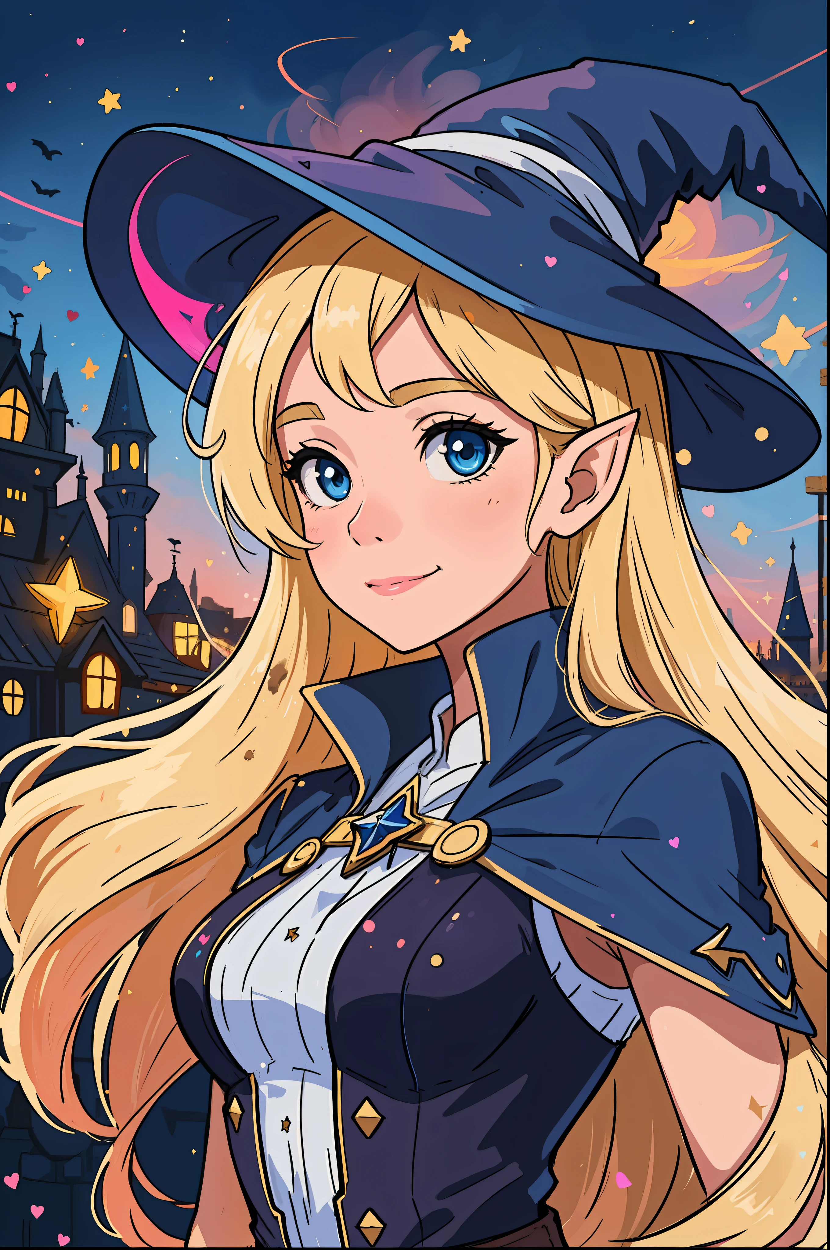 The perfect masterpiece,Highest quality,Perfect artwork,8K,Upper Body Lens,front portrait,Delicate face,Face Close-up,Watching the audience, Wizard apprentice girl,(pointy royal blue witch hat:1.3),(white star print on hat:0.8),Magical transparent eyes,(dirty blonde hair:1.2),(young:1.4),(small breasts:1.3),large eyes,happy,warm smile,slender,slim build,thin waist,(💖:1.3),Digital Art,plane illustrations,colorful illustration,minimalist style,anime cartoon style,glowing magical effects, fantasy city background, (elf ears:1.1)
