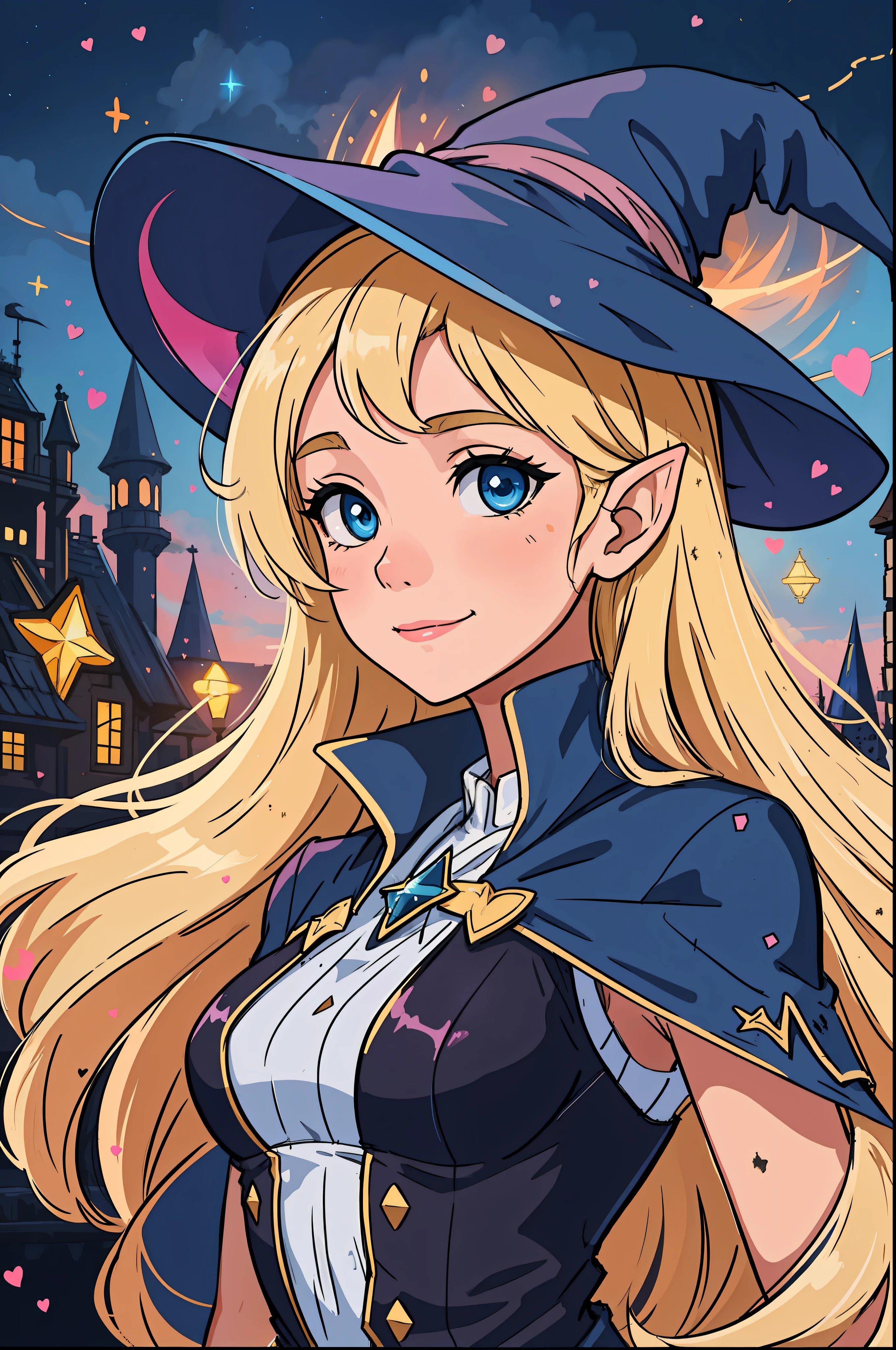 The perfect masterpiece,Highest quality,Perfect artwork,8K,Upper Body Lens,front portrait,Delicate face,Face Close-up,Watching the audience, Wizard apprentice girl,(pointy royal blue witch hat:1.3),(white star print on hat:0.8),Magical transparent eyes,(dirty blonde hair:1.2),(young:1.4),(small breasts:1.3),large eyes,happy,warm smile,slender,slim build,thin waist,(💖:1.3),Digital Art,plane illustrations,colorful illustration,minimalist style,anime cartoon style,glowing magical effects, fantasy city background, (elf ears:1.1)