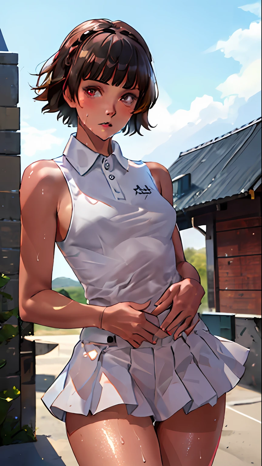 1girl, solo, white polo shirt, white sneakers, tennis wear, white miniskirt, masterpiece, best quality, realistic, hyper-detailed, (shiny skin, sweaty:1.4), absurd, looking at viewer, short black hair, brown eyes, slender, dynamic lighting, high resolution, sharp focus, depth of field, detailed eyes, sharp pupils, realistic pupils, (small breasts:1.6), (thick thighs:1.0), outdoor, sky