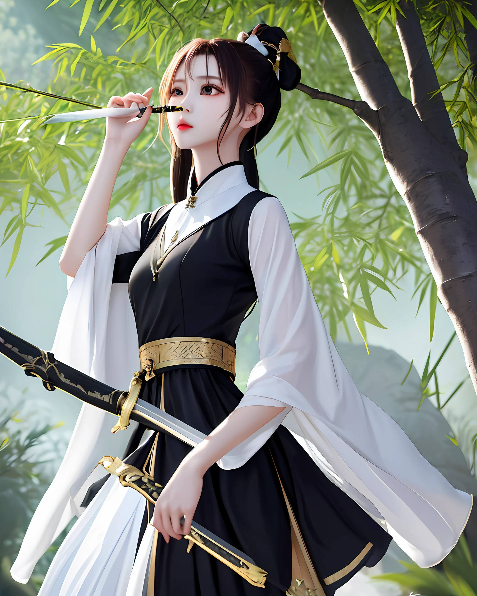 Black dress high ponytail male black bamboo flute in the tree
Double white clothes looking up at the tree under the tree Wipe forehead with sword on his back Shallow pupils