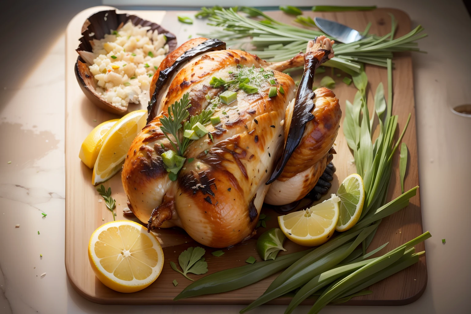 Perfectly Crispy Roasted Whole Chicken at 8K. Place it on a wooden cutting board artfully decorated with minced garlic, fresh chives, parrilla salt and vibrant red pepper. Add bay leaves and lemon wedges for a fresh kick. Ensure every detail is portrayed hyper-realistically, making viewers want to taste this deliciousness,4k --auto