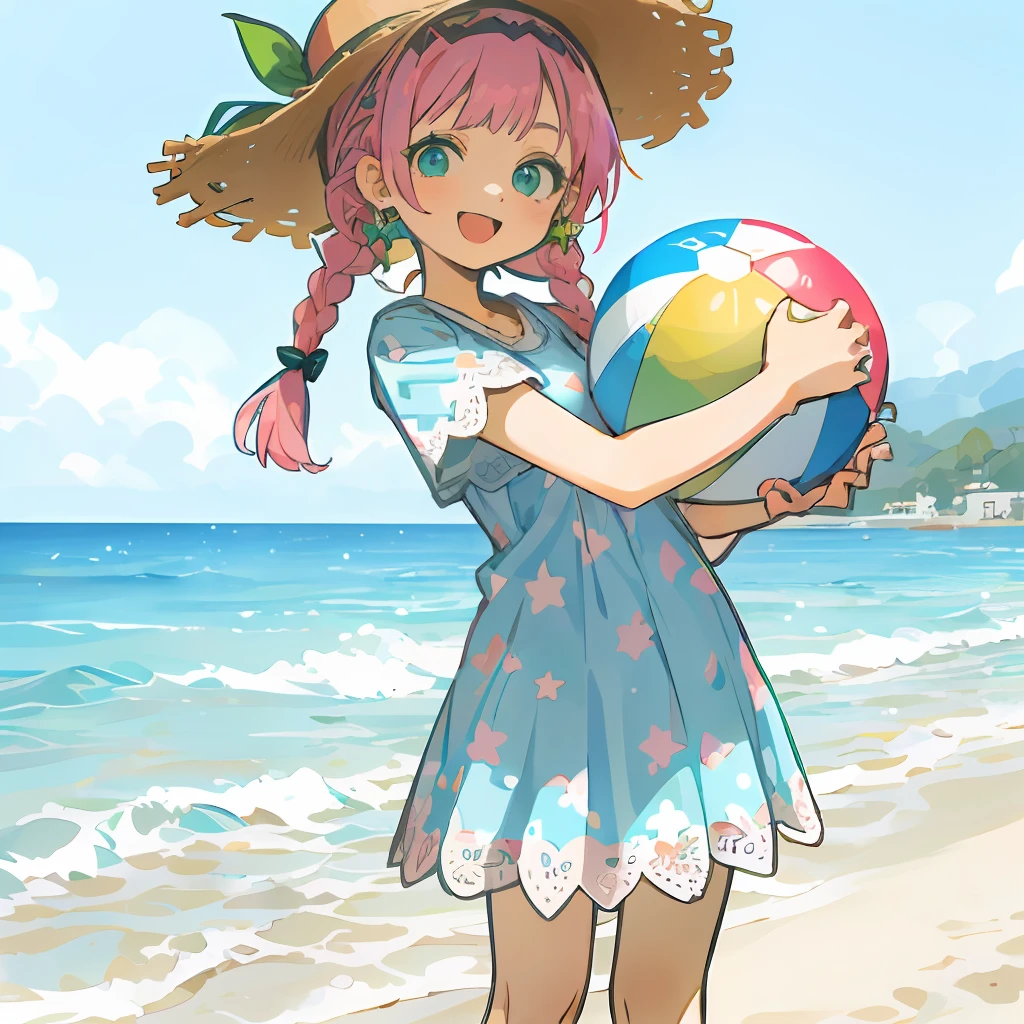 (teens girl:1.0),hugetits, (Pink hair, Medium length:1.2), (Braided hairstyle:1.1), (Bright green eyes and light blue eyes,Round:1.2), (casual beach clothing:1.2), (lightweight summer one-piece dress:1.2), (a straw fedora hat:1.0), (flipflops:1.0), (star-shaped earring:1.1), (Lace headband:1.0), (Cute accessories:1.3), (peaceful smile :D:1.1), (Casual pose, Standing:1.3), (Beach background:1.3), (Holding a beach ball:1.1)