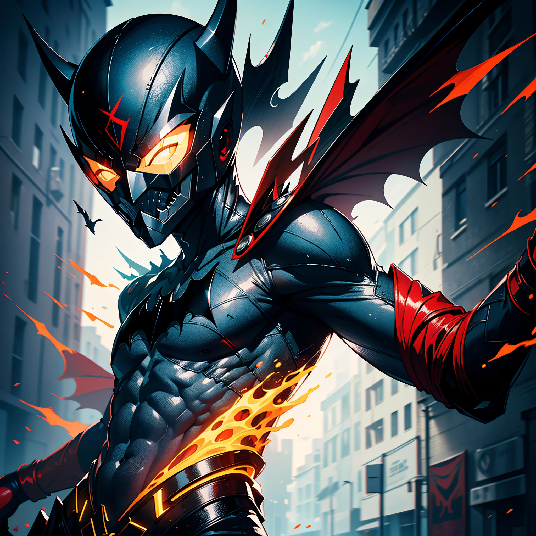 ((super detalhado)),(((best quality))), ((rosto detalhado)), ((corpo detalhado)), (((1 personagem))), (((solo))). (Batman, (((corpo todo))), Traje preto com um morcego vermelho/skull, uma faixa vermelha de ombro a ombro, garras pretas, red spikes on arm and mask, mask with red details and reflective black lens. (sombrio), (ar misterioso), (cores frias)