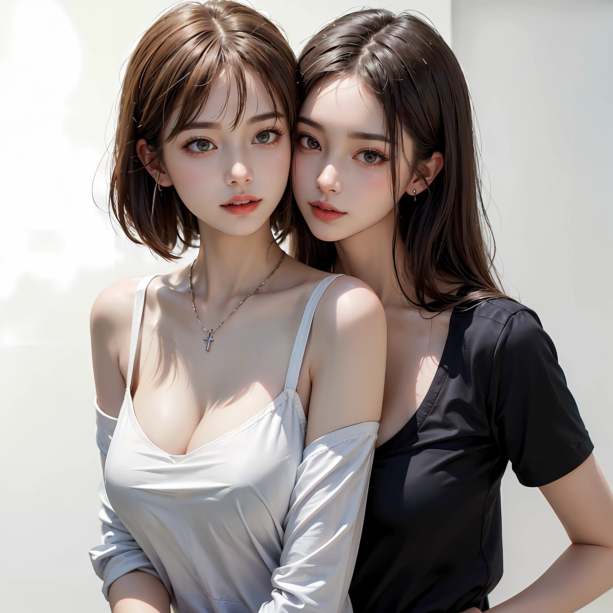 Two cute pretty girls facing each other and hugging each other、​masterpiece、highest  quality、realisticlying、realisitic、Seductive bright smile、short clean hair with bangs、Loose business shirt、enticing eyes、(cleavage of the breast)、In a modern office、(Pure white background with really nothing from floor to ceiling)、(28 year old）、extremely detaile、tall、neck long、Straighten your back、Put your ears out、Highlights in the eyes、lipgloss、glowy skin、White-colored skin、Clean collarbone、closes mouth、Happily、Nice proportions、Look firmly at the camera、Chained、lovely