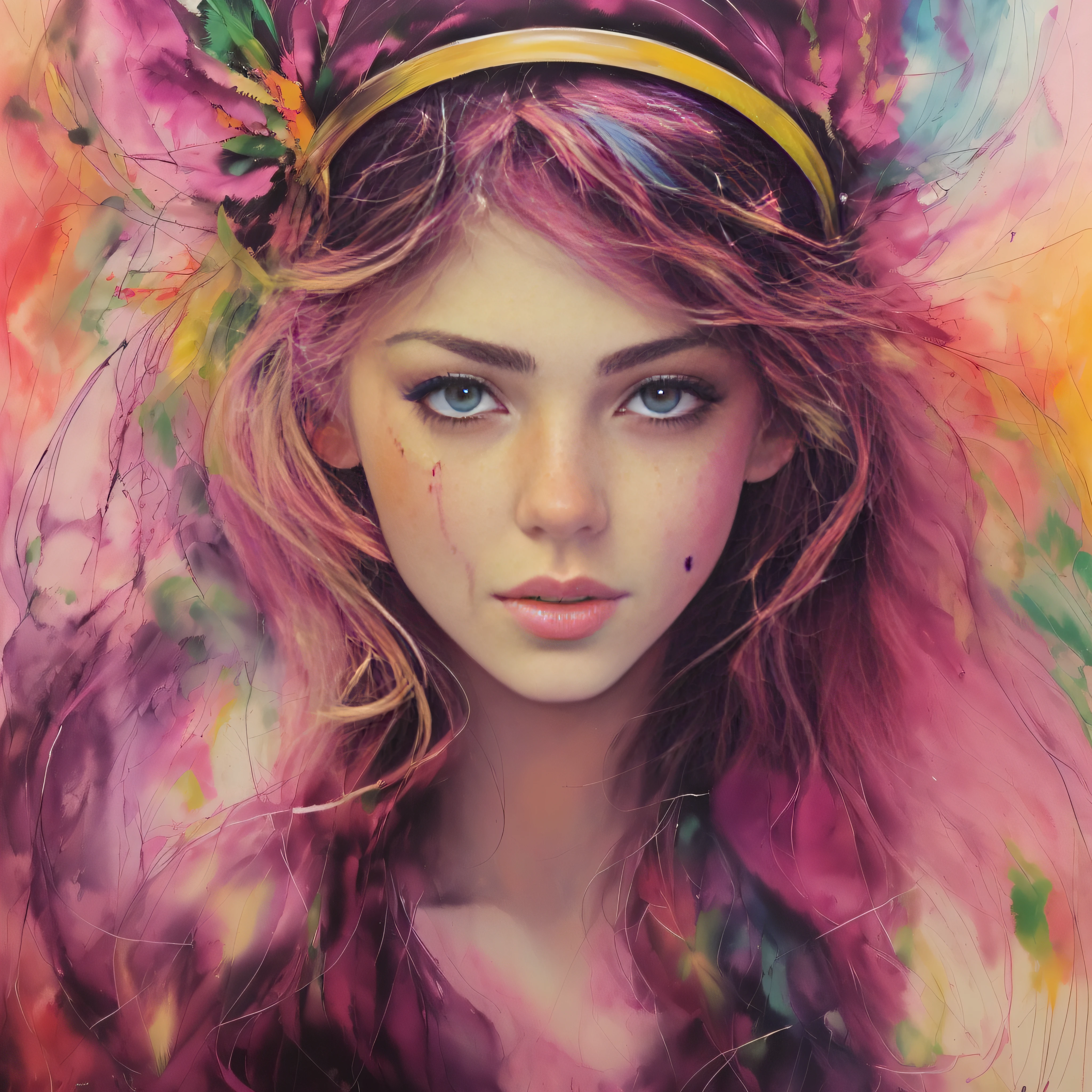 (master part, best quality, alta qualidade, Altas, ultra-detalhado) , Closeup, master part, best quality, [ (electric yellow background:1.2) ::5] (circlet) , enquadramento, alexandradaddario in Sitting with hands around ankles, (bela arte colorida detalhada splash:1.2) , simetria rotacional, (beautiful face, foto de retrato:1.1) , (Realistic, fotorrealista:1.1) , (arte por Agnes Cecile:1.3),