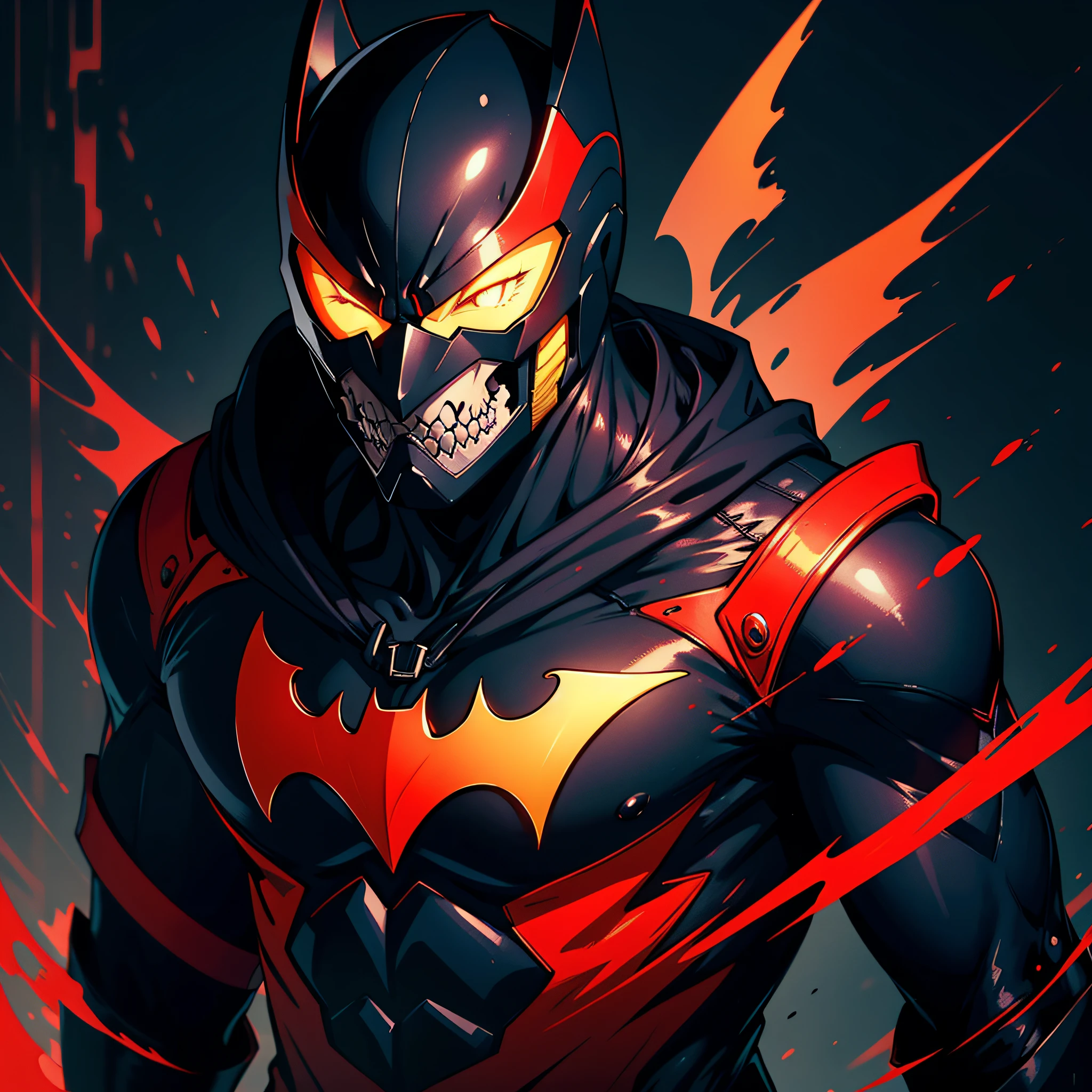 ((super detalhado)),(((best quality))), ((rosto detalhado)), ((traje detalhado)), corpo detalhado)), (1 personagem). Batman, corpo todo, Traje preto com um morcego vermelho/skull, uma faixa vermelha de ombro a ombro, Garras Pretas, red spikes on arm and mask, mask with red details and reflective black lens