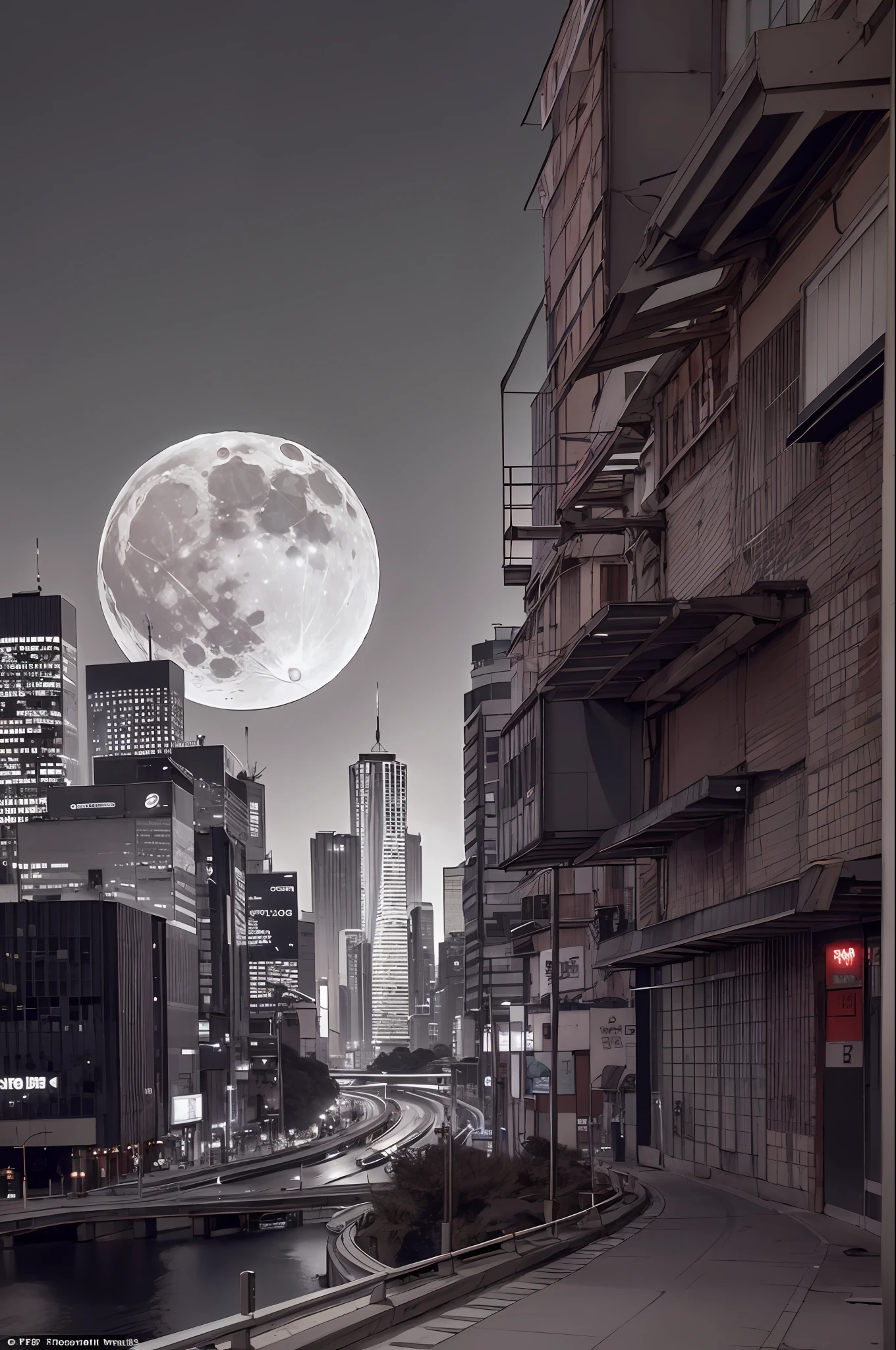 best quality, masterpiece, photo, 4K, photorealistic, city street, highly detailed, techwear, cyberpunk city, solo, futuristic, huge moon in the background, black and white, by Akira Toriyama, closeup, colorful sketchbook