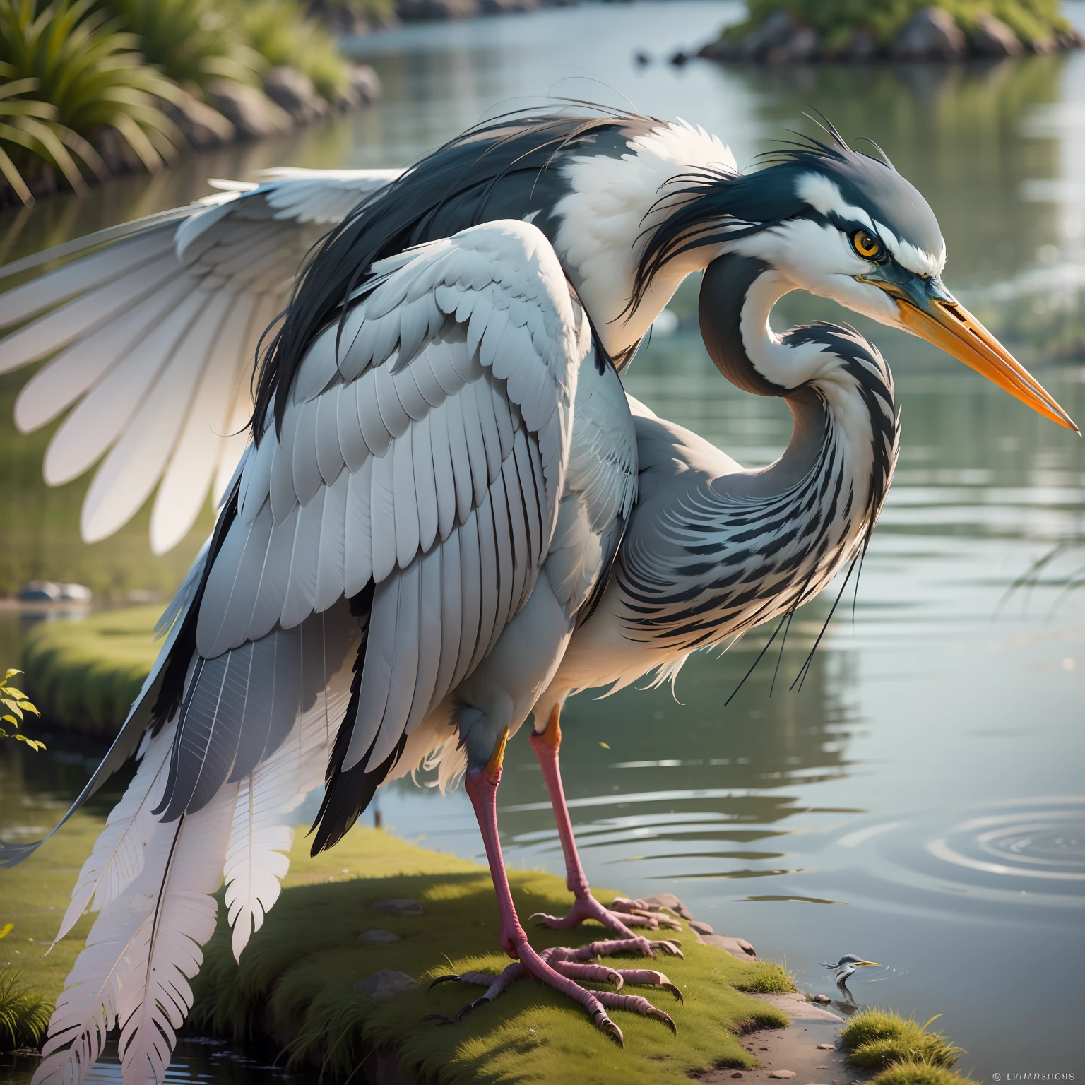 A man transformed into a gray heron flaps his wings and is about to fly away. depicting a partial transformation with certain body parts transformed into heron features. The man has no arms and has changed to the wings of a heron. The heron's expression is playful. The artwork is set against a serene lake background. The man wears nothing and the skin on his body emphasizes his complete transformation into a heron. The camera used is a high-resolution DSLR, capturing the intricate details of the transformation. The composition focuses on the heron's face and the heron features, creating a visually striking juxtaposition. The perspective is slightly elevated, providing a unique viewpoint of the transformation. The lighting is soft and diffused, highlighting the details of the heron's feathers and the heron's face. The depth of field is shallow, with the heron in sharp focus while the background is slightly blurred. The shutter speed is fast. STUDIO GHIBLI anime style