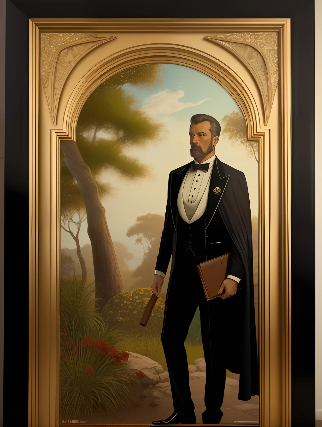 Natural 35mm F4 full body photo of a respectable gentleman on a tuxedo, wearing a black and red cape. In a whimsical forest surrounded by candlelights, with a fine cigar in one hand and a glass of whiskey in the other hand. A big mango tree as the background, moonlight, twilight, haze. The final image should be awe-inspiring and leave the viewer in no doubt of the gentleman’s power and majesty. 3d render, octane render, cinematic, trending on artstation | Isometric | Centered hipereallistic cover photo awesome full color, , hand drawn, dark, gritty, realistic mucha, klimt, erte .12k, intricate. hight definition , cinematic,Rough sketch, mix of bold dark lines and loose lines, bold lines, on paper , full body with silky dress, humanoid, Full body.