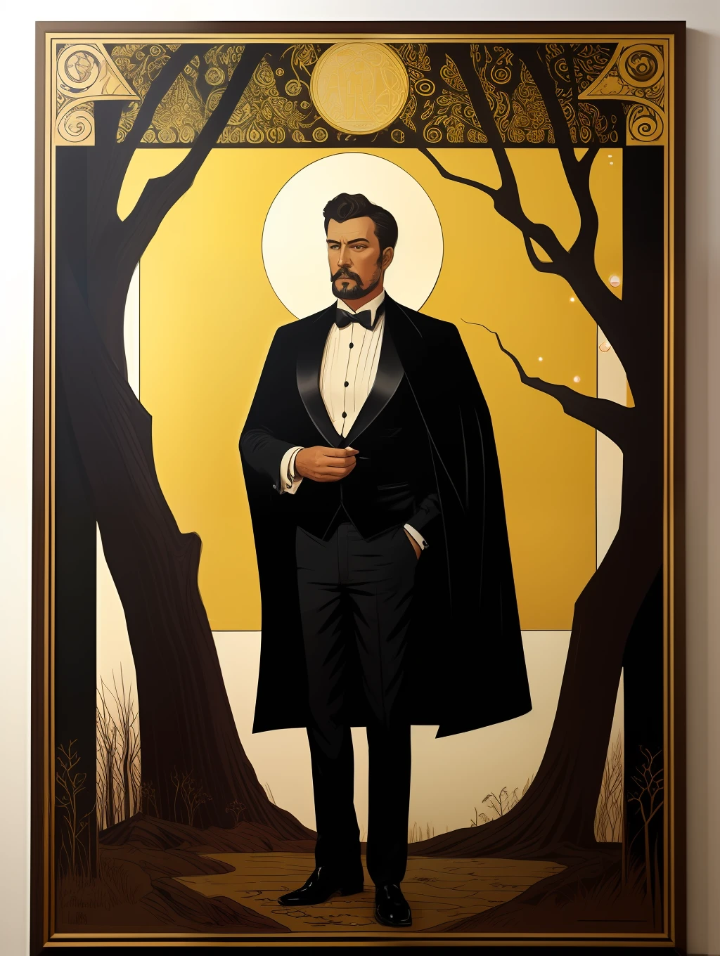 Natural 35mm F4 full body photo of a respectable gentleman on a tuxedo, wearing a black and red cape. In a whimsical forest surrounded by candlelights, with a fine cigar in one hand and a glass of whiskey in the other hand. A big mango tree as the background, moonlight, twilight, haze. The final image should be awe-inspiring and leave the viewer in no doubt of the gentleman’s power and majesty. 3d render, octane render, cinematic, trending on artstation | Isometric | Centered hipereallistic cover photo awesome full color, , hand drawn, dark, gritty, realistic mucha, klimt, erte .12k, intricate. hight definition , cinematic,Rough sketch, mix of bold dark lines and loose lines, bold lines, on paper , full body with silky dress, humanoid, Full body.