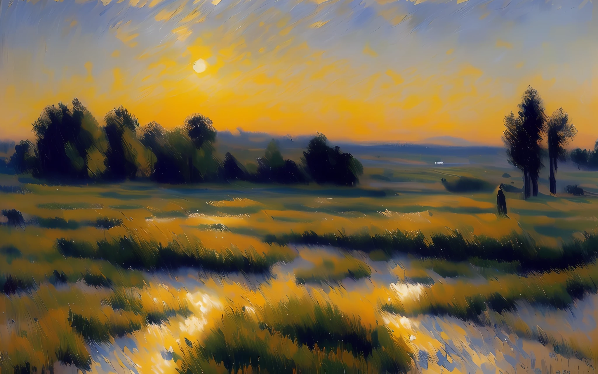 painting of a dramatic landscape, arte de Pissarro, (pinceladas grandes:1.6), acrylic, inspirado en la pintura 'Sunset 1872' de Camille Pissarro, ArtStation HD, Obra maestra de la pintura, Destacado en Unsplash, [monocromatic]
