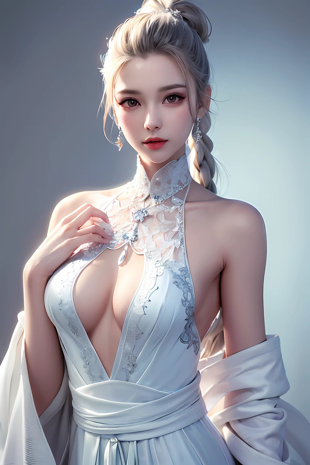 Best quality, masterpiece, high resolution, Chinese door opening, 1girl, large body, sexy extreme, light as gauze (see-through), large openwork see-through, beautiful and delicate face, (body of desire) Perfect slim body (nipple slip: 0.5), perfect snow white skin (night)