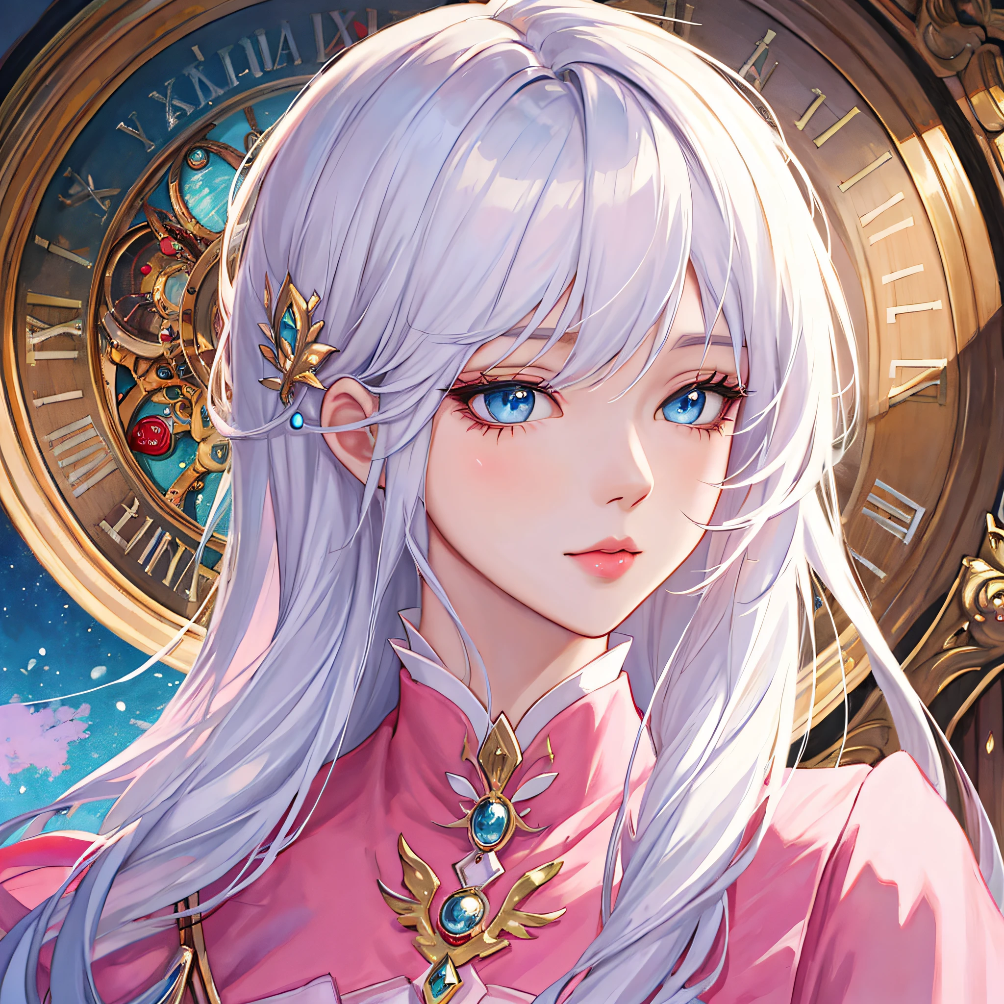 anime girl with white hair and pink dress posing in front of a clock, Fantasy art style, Detailed digital anime art, Beautiful character painting, Guviz, Guweiz in Pixiv ArtStation, digital fantasy art ), anime fantasy illustration, Beautiful digital artwork, Deviantart ArtStation CGSCOSIETY, Guviz-style artwork, a beautiful anime portrait,Light blue eyes,Relatively shy