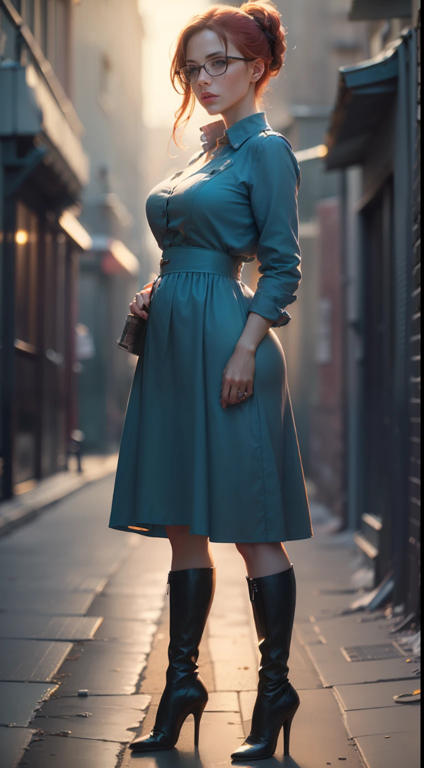 (
(Character: one irish woman, (40 years old), antiquarian, red hair, ponytail hair)
(Clothing: cyan vintage dress, long high heel boots , glasses)
(Pose: full body shot:1.7)
(Background: dark alley at night:1.3, intense urban lights in background, cyan color scheme:1.3)
(Style: ((masterpiece:1.5)), (face detailed), photo-realistic:1.3, hyperrealistic, film grain, realistic lighting, backlighting:1.3)
)