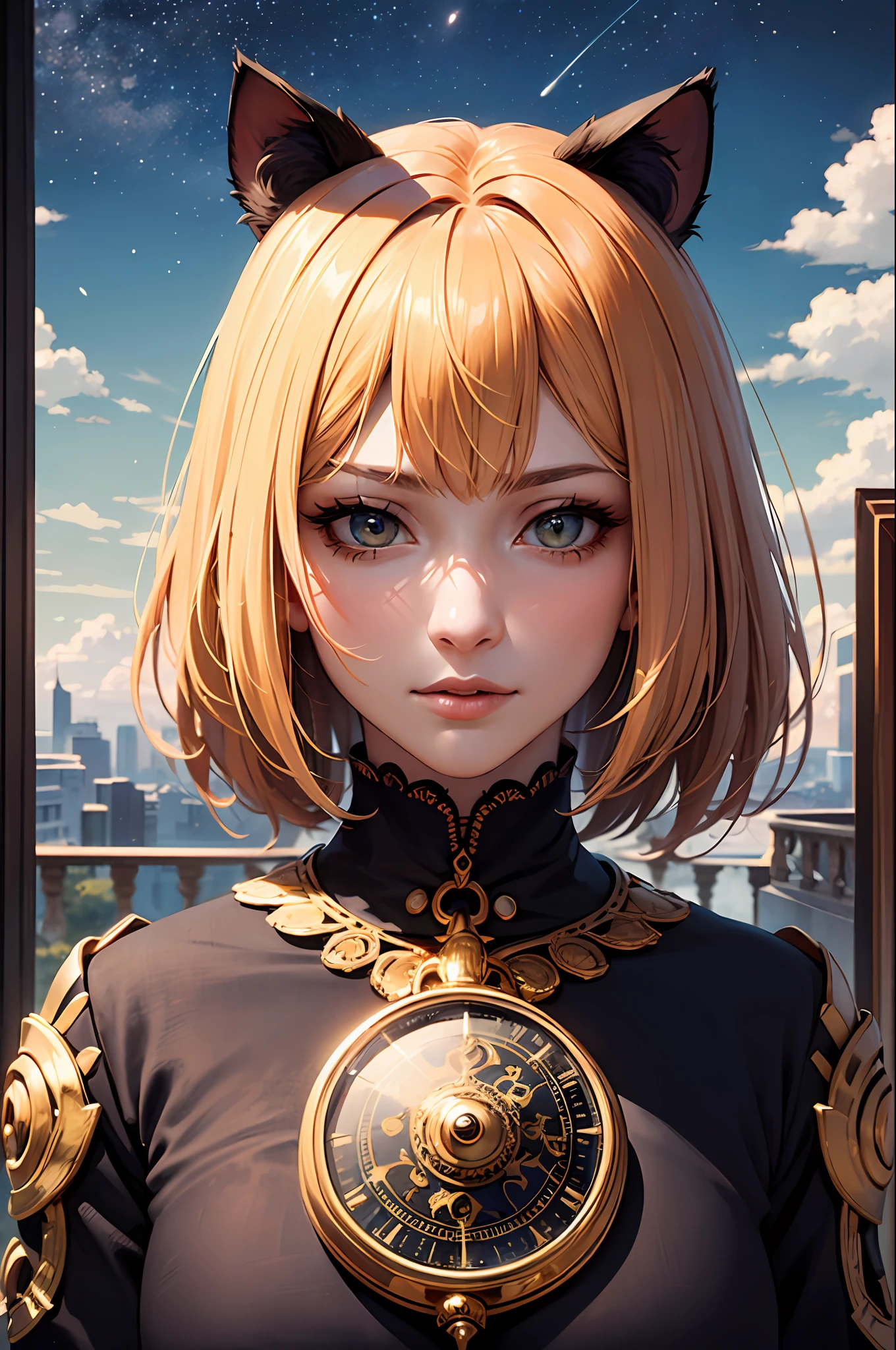 Realistic, (Masterpiece, Top Quality, Best Quality, Official Art, Beautiful and Aesthetic: 1.2), Very Detailed, Fractal Art, Colorful, Most Detailed, Leo, (Abstract Background: 1.5) (1girl: 1.3), (Cat class), yellow hair, bright eyes, earnest, combed back, short hair, , milky way, huge magical gold Leo astrolabe,dream,fantasy, gold trim,beautiful detailed sky,Style and Decoration for Leo, leo goddess,(nsfw:0.8)
delicate refective and high glass guardrail board