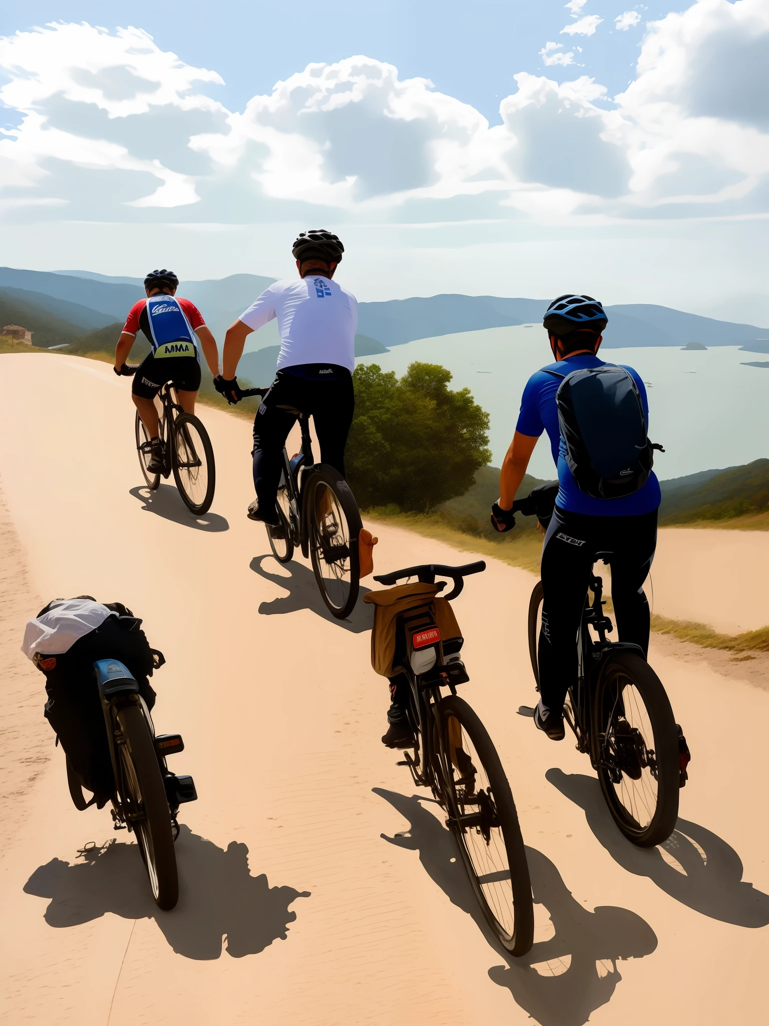 Uma obra-prima, da melhor qualidade, realista, realista, esta pintura retrata um um homem pedalando uma bicicleta no meio da estrada, Andar na estrada, Estrada para o Mar, em uma estrada, uma estrada que leva ao farol, vista para milhas, unobstructed road, estrada montanhosa, Estradas pavimentadas, From a distance, Karla Ortiz, Estradas largas, clear skies in the distance, touring, imagem profunda, Arremesso longo, ciclismo, turismo, 🚲, Toda a pintura usa um retrato bonito e realista (retrato realista kawaii estilizado), Toda a pintura mostra excelente realismo e detalhes,