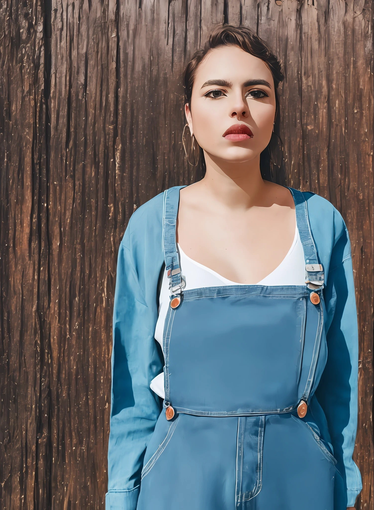 closeup portrait, professional photo, front lit natural lighting, upper body, facing viewer, mouth open, beautiful thin woman wearing  denim overalls, standing straight up outside on a farm, vivid colors