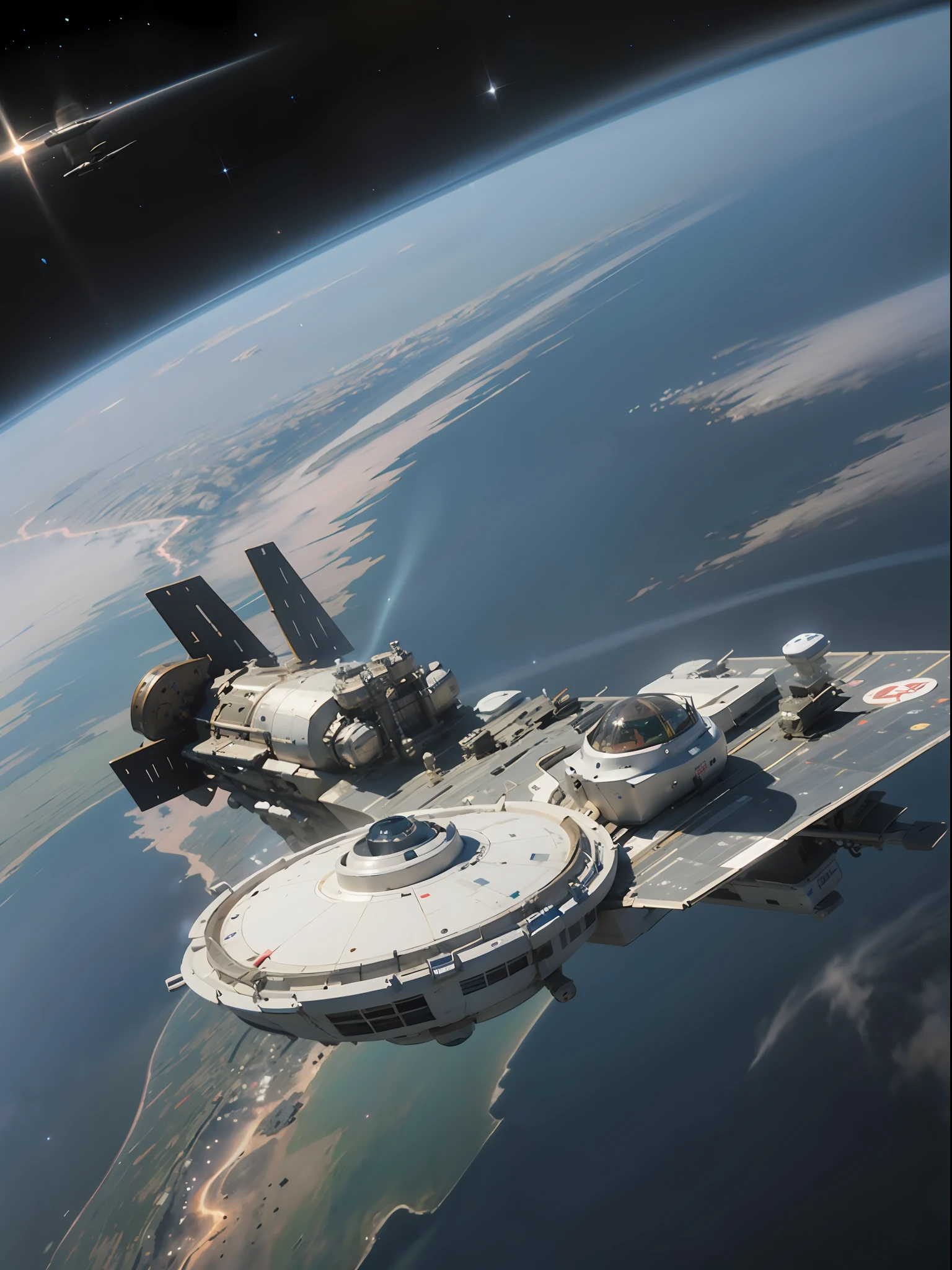 Masterpiece level,Extreme picture quality,Unreal Engine5,HighDynamicRange,NVIDIA RTX,A magnificent cosmic scene,A spaceship that descends beyond Earth,Descend from the air to the ground at high speed,radiating with light,Stirring。A space station