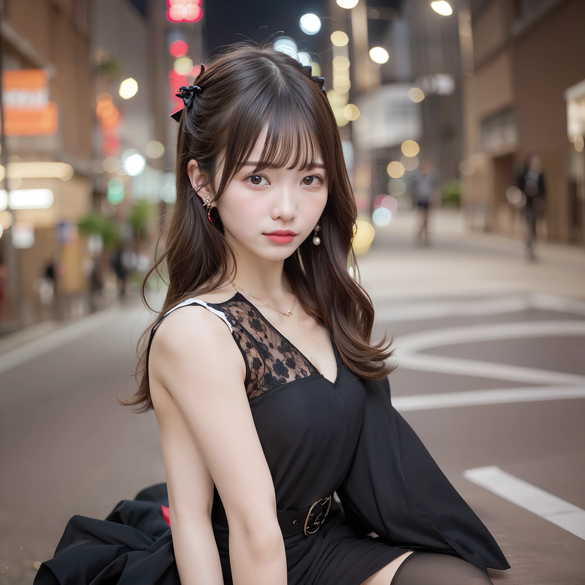 masterpiece, Superb Style, fullllbody, 1girl in, bangss, , A dark-haired, Black Dress, red blush, A bracelet, 鎖骨, ear piercings, eyebrows visible through hair, gradation hair,jewely, long, looking at the spectator, piercings, red eyes, the ring, skirt by the, happily face, 独奏, natta、nighttime scene、 a street, skyward, cherry trees, flower petals, (cover-style: 1.3), lo fashion, Female nipple, with a vibrant, PWattire, the pose, the front, Colorful, Dynamic, a backdrop of, element, self-assured, It is expressive, hold, statement, attachment, An majestic, coiled, surroundings, Touch, The scene, Texto, covers, boldface, grab attention, Titles, lo fashion, font, Catchy, Titles, A large, grab attention, Modern, Stylish, Stylish black stockings
