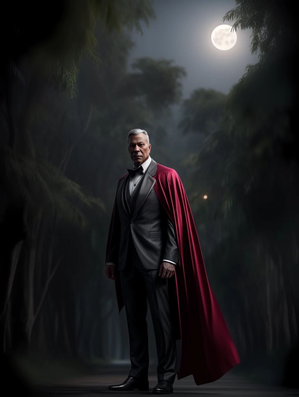 Natural 35mm F4 full body photo of a respectable gentleman on a tuxedo, wearing a black and red cape. In a whimsical forest surrounded by candlelights, with a fine cigar in one hand and a glass of whiskey in the other hand. A big mango tree as the background, moonlight, twilight, haze. The final image should be awe-inspiring and leave the viewer in no doubt of the gentleman’s power and majesty. 3d render, octane render, cinematic, trending on artstation | Isometric | Centered hipereallistic cover photo awesome full color, , hand drawn, dark, gritty, realistic mucha, klimt, erte .12k, intricate. hight definition , cinematic,Rough sketch, mix of bold dark lines and loose lines, bold lines, on paper , full body with silky dress, humanoid, Full body.