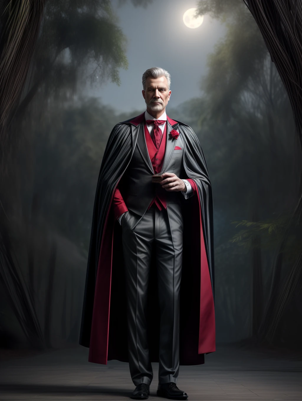 Natural 35mm F4 full body photo of a respectable gentleman on a tuxedo, wearing a black and red cape. In a whimsical forest surrounded by candlelights, with a fine cigar in one hand and a glass of whiskey in the other hand. A big mango tree as the background, moonlight, twilight, haze. The final image should be awe-inspiring and leave the viewer in no doubt of the gentleman’s power and majesty. 3d render, octane render, cinematic, trending on artstation | Isometric | Centered hipereallistic cover photo awesome full color, , hand drawn, dark, gritty, realistic mucha, klimt, erte .12k, intricate. hight definition , cinematic,Rough sketch, mix of bold dark lines and loose lines, bold lines, on paper , full body with silky dress, humanoid, Full body.