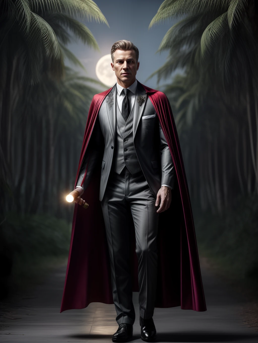 Natural 35mm F4 full body photo of a respectable gentleman on a tuxedo, wearing a black and red cape. In a whimsical forest surrounded by candlelights, with a fine cigar in one hand and a glass of whiskey in the other hand. A big mango tree as the background, moonlight, twilight, haze. The final image should be awe-inspiring and leave the viewer in no doubt of the gentleman’s power and majesty. 3d render, octane render, cinematic, trending on artstation | Isometric | Centered hipereallistic cover photo awesome full color, , hand drawn, dark, gritty, realistic mucha, klimt, erte .12k, intricate. hight definition , cinematic,Rough sketch, mix of bold dark lines and loose lines, bold lines, on paper , full body with silky dress, humanoid, Full body.