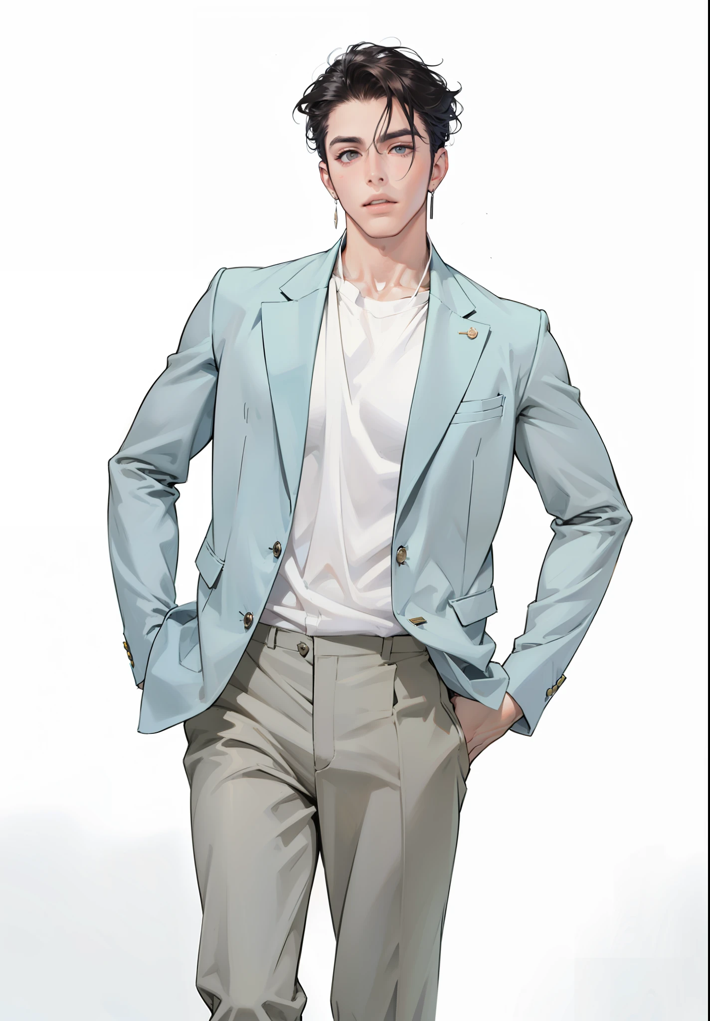 there is a man with a white button up shirt posing, photorealistic perfect body, :: high detail, realistic shaded perfect body, prefect body, beautiful handsome body, handsome stunning realistic, sexy body, smooth translucent white skin, lean body, south korean male, realistic body, handsome anime pose, inspired by Yanjun Cheng, beautiful, prince, demon slayer art