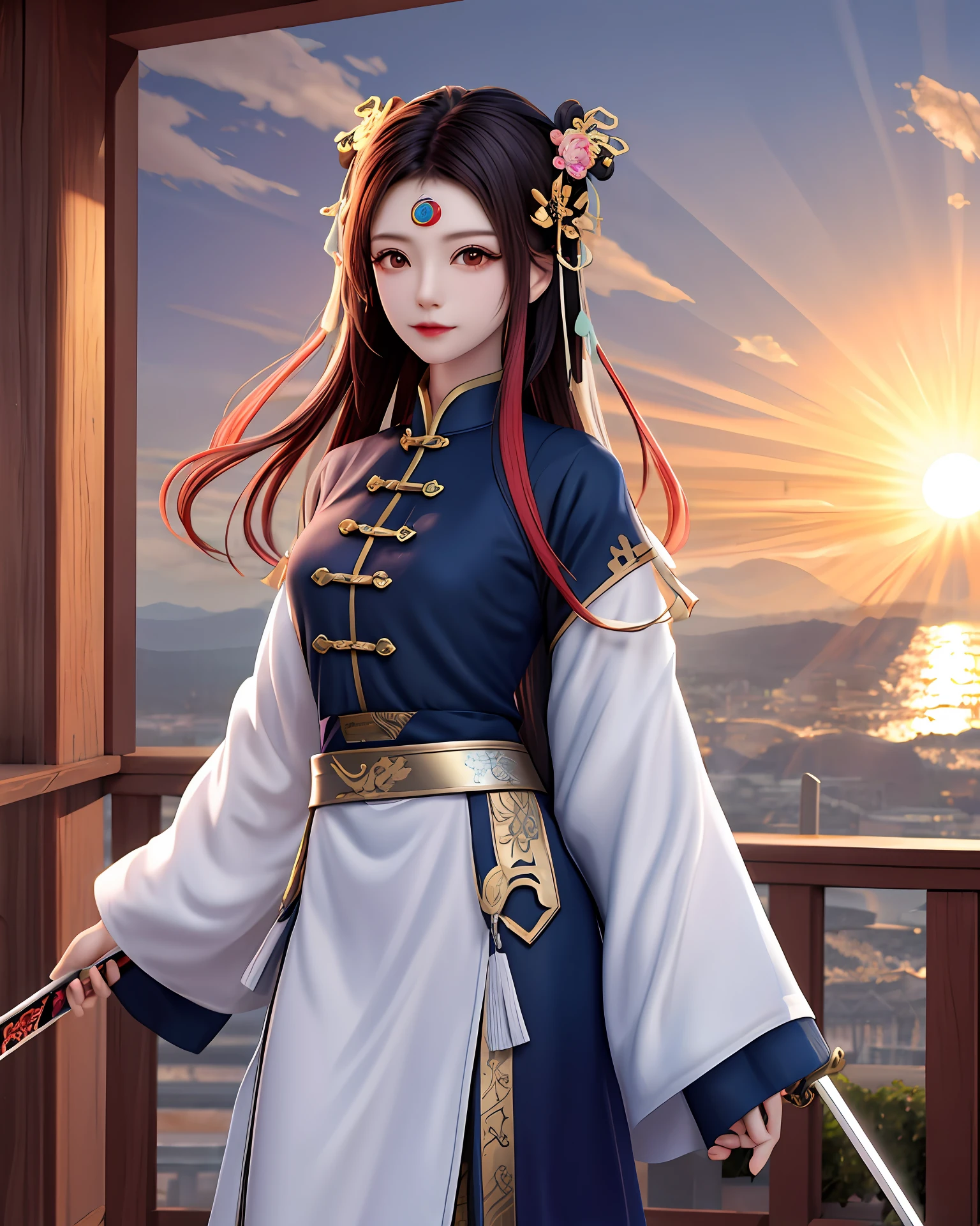 Taoist,whaite hair,The sword,Hairpins,sun setting