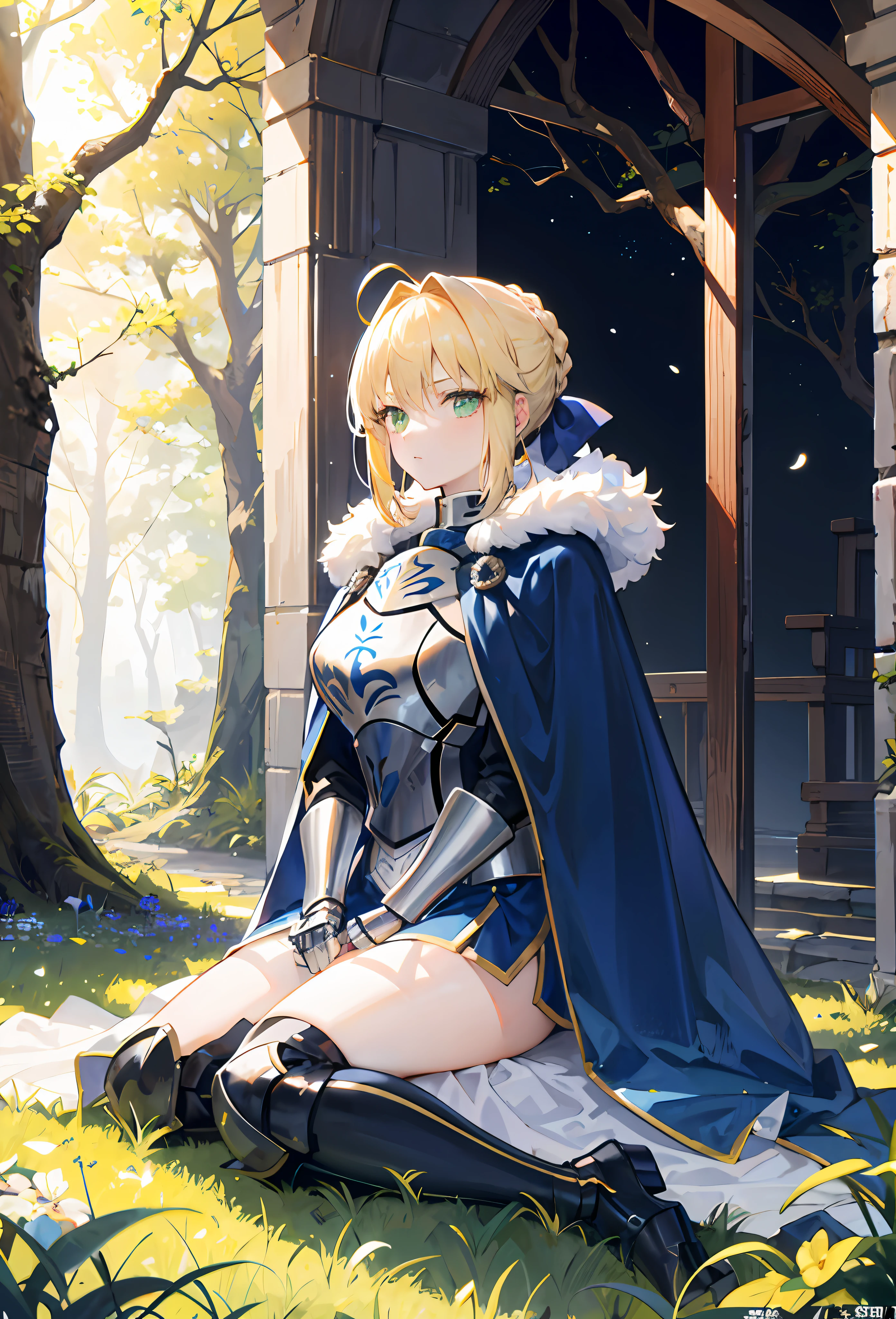 1girll，Artoria，king arthur，saber，King of Britain，FATE series，Knight King，medieval times，Majesty，((Bright blonde hair))，Sit on grass，ln the forest，Serious expression，Arms hang naturally at your sides，Heavy sterling silver armor，Sterling silver leg armor，Sterling silver armour，Dark blue heavy cape，Fur edges，Huge dark blue round battle skirt，Gold lace，Coiled hair，Poor milk，Green eyes，Solitude，A half body，(超高分辨率)，(Ultra-high sharpness)，tmasterpiece，品质最佳，