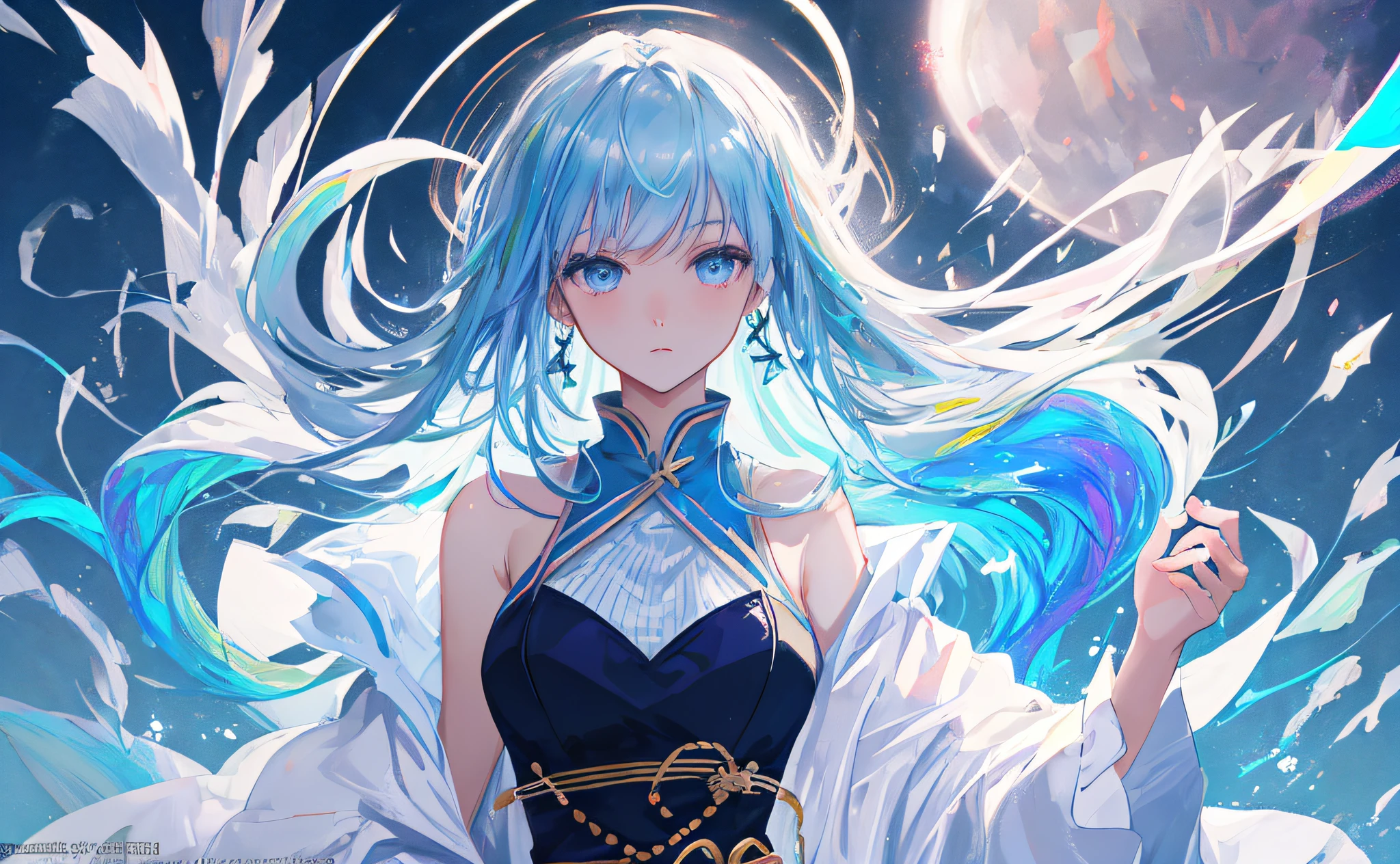 (masterpiece), (best quality), (ultra detailed),(disheed hair),(illustration), (1girl), (Fashionable clothing), standing, Fashion model, looking at viewer, (interview), (simple background),beautiful detailed eyes,Delicate and Pretty Face,afloat,(high saturated),(Colorful splashes),Colorful bubbles,(shine),focus onface,Ayaka Kamisato,Pale light blue hair,By bangs,Hair rings,Floating flowers,Floating hair。Kizi, anime waifu, looking at viewer, highly detailed, reflections transparent iridescent colors, long transparent iridescent RGB hair, artby Serafleur from artstation, thick acrylic,Illustration on pixiv,Portrait of waist up,gorgeous sacred girl,Best quality at best,ultra detali,ssmile,clever,Nice face,Nice lighting on black background,The character style rendered by Octane,under moonlight,holding a longsword