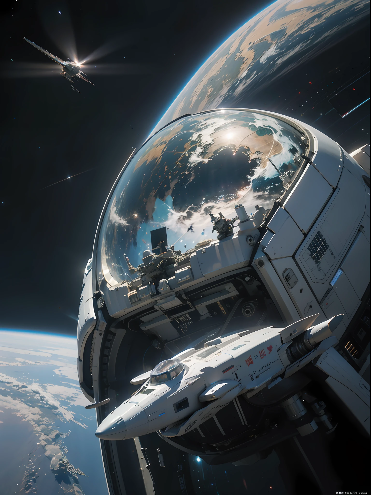 Masterpiece level,Extreme picture quality,Unreal Engine5,HighDynamicRange,NVIDIA RTX,A magnificent cosmic scene,A spaceship that descends beyond Earth,radiating with light,Stirring。A space station。