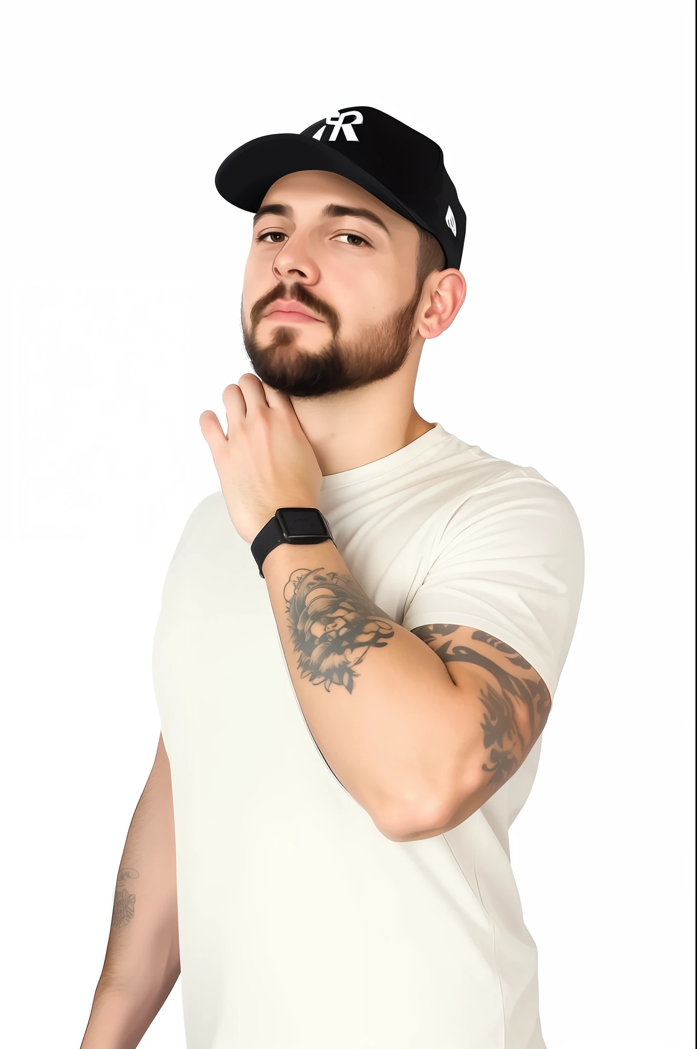 there is a man with a tattoo on his arm and a hat on, arms crossed on chest, insectile forearms folded, Foto de perfil do headshot, Streamer do Twitch / Jogador Ludwig, Atarracado, de meio corpo, foto oficial do produto, posing with crossed arms, folded arms, Sam Hyde, retrato do homem robusto, man standing in defensive pose, Postura do MMA Southpaw