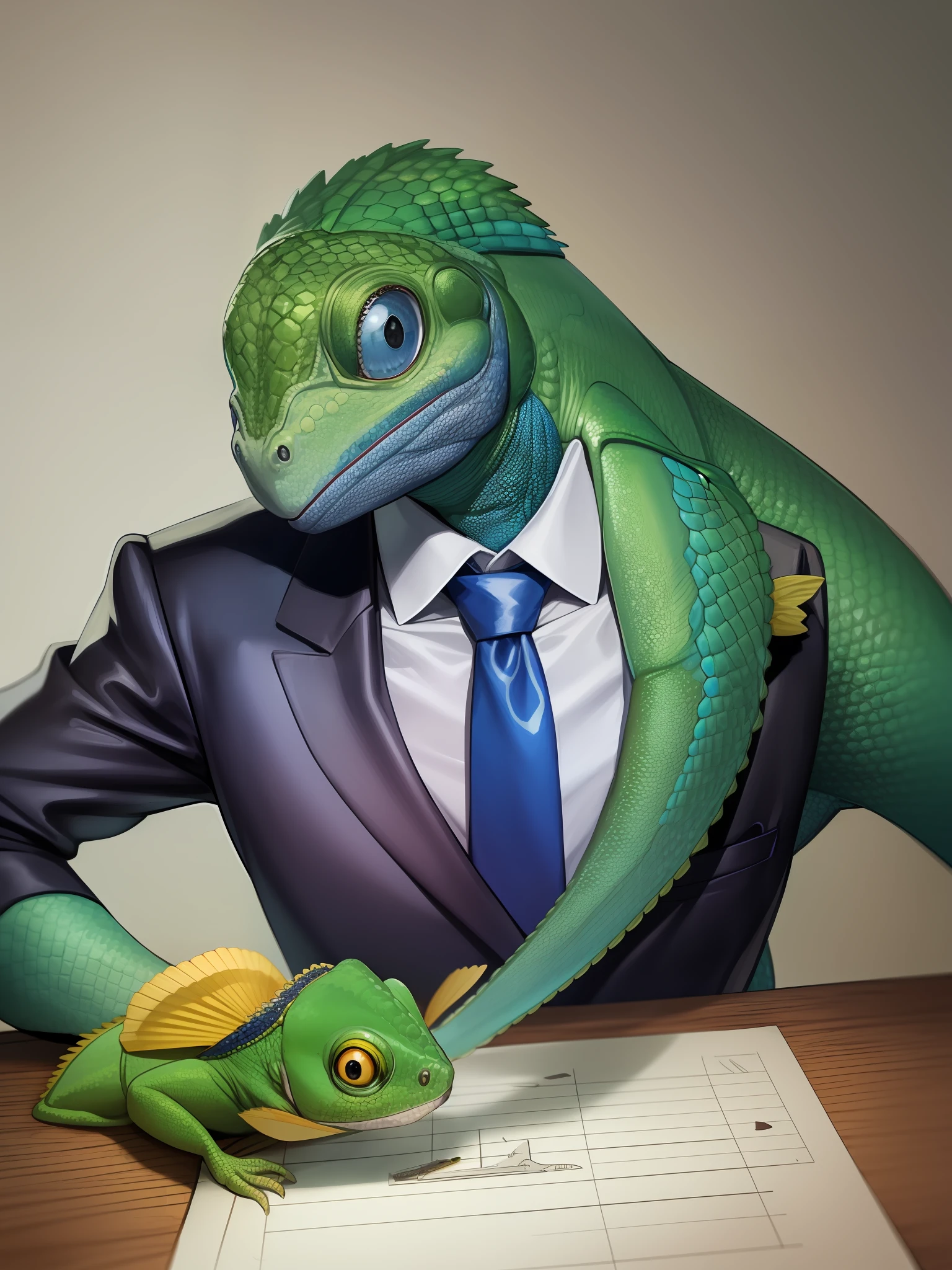 A green and blue chameleon in a realistic suit and tie in drawing form