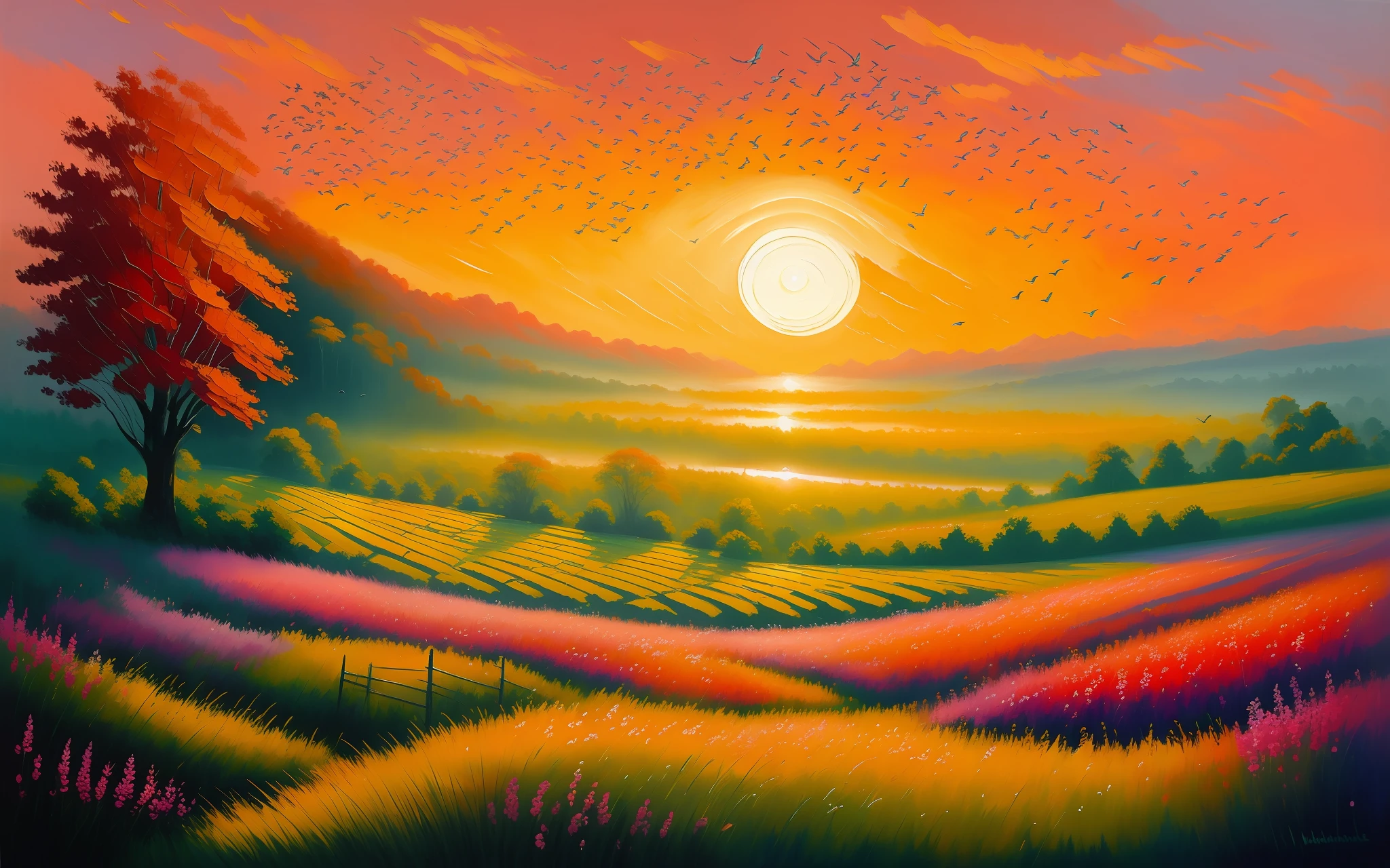 oil drybrush painting of a cozy grand green field in the sunrise, glistening dew, vivid colors, birds, warm