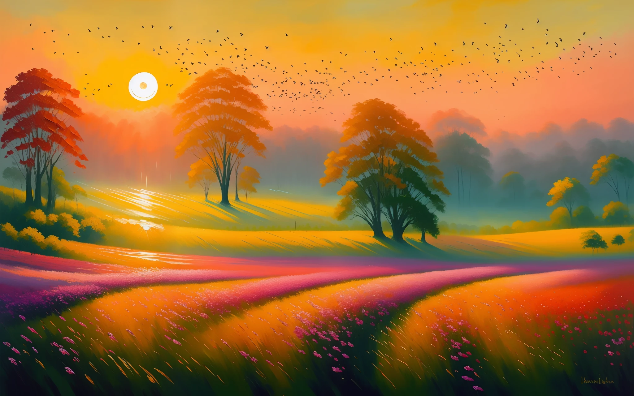 oil drybrush painting of a cozy grand green field in the sunrise, glistening dew, vivid colors, birds, warm
