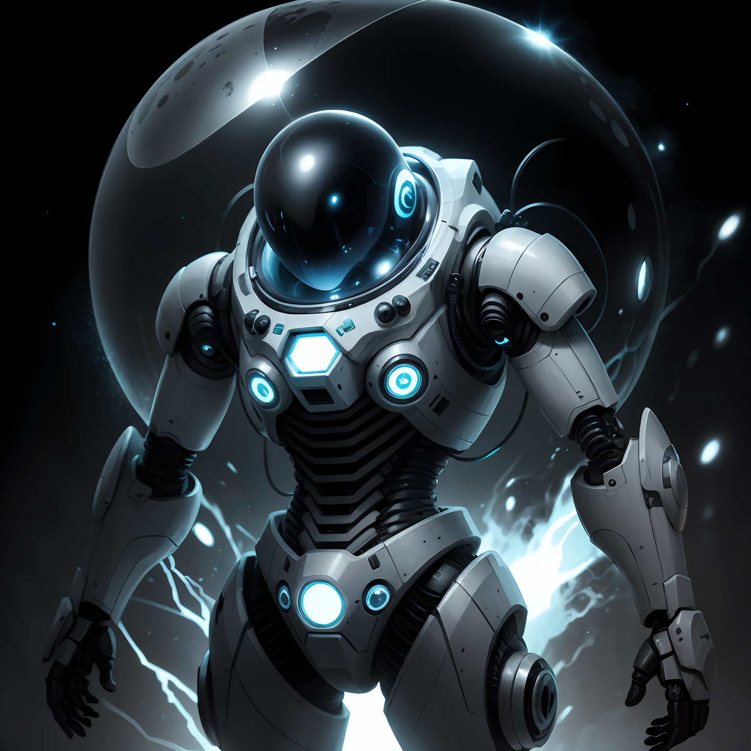 Alien robot, con traje de astronauta humano de color negro, Electric blue viewfinder