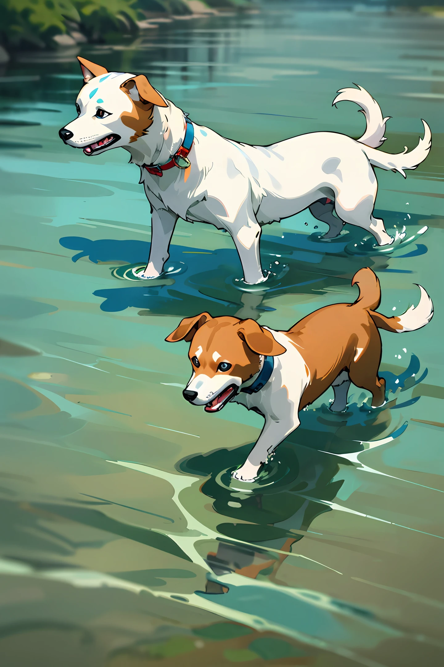 Dogs play in the water