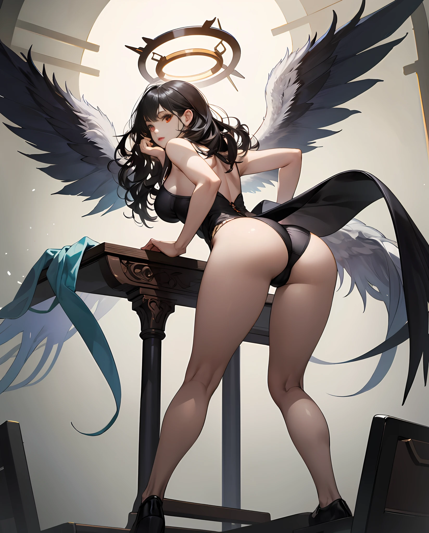 (masterpiece, best quality), 1lady, solo, (white scaly body), halo, wings, fallen angel, showing lots of skin, black hair, loose waves, red eyes, (art by Sam Yang, Ross Draws, Artgerm), large breasts, bent over a chair, hands spreading booty, looking back at the viewer, from below