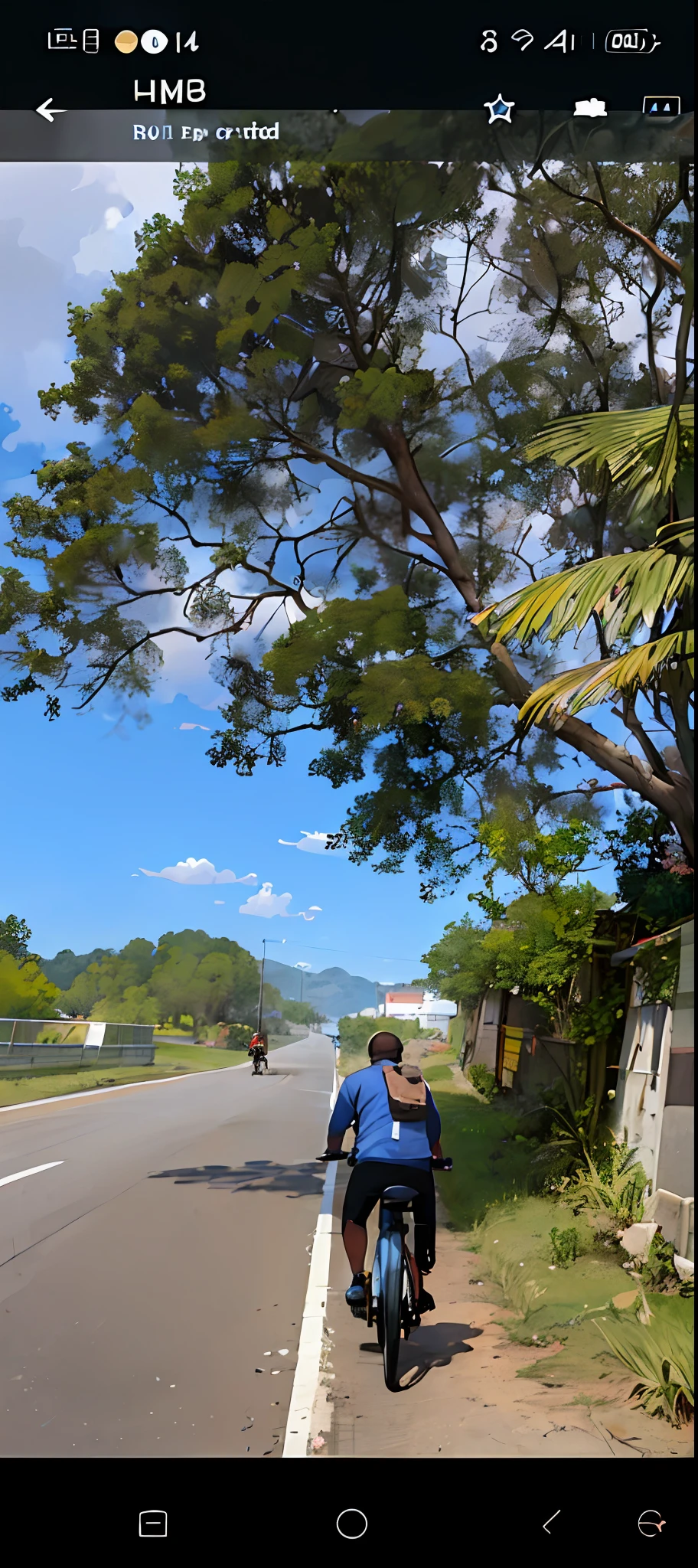 there is a man riding a bike down the road on the side of the road, against the backdrop of trees, Andar na estrada, with lots of vegetation, From a distance, view from distance, arredores da cidade, Estrada para o Mar, vista das ruas, view of the back, with trees, em uma estrada, 🚿🗝📝