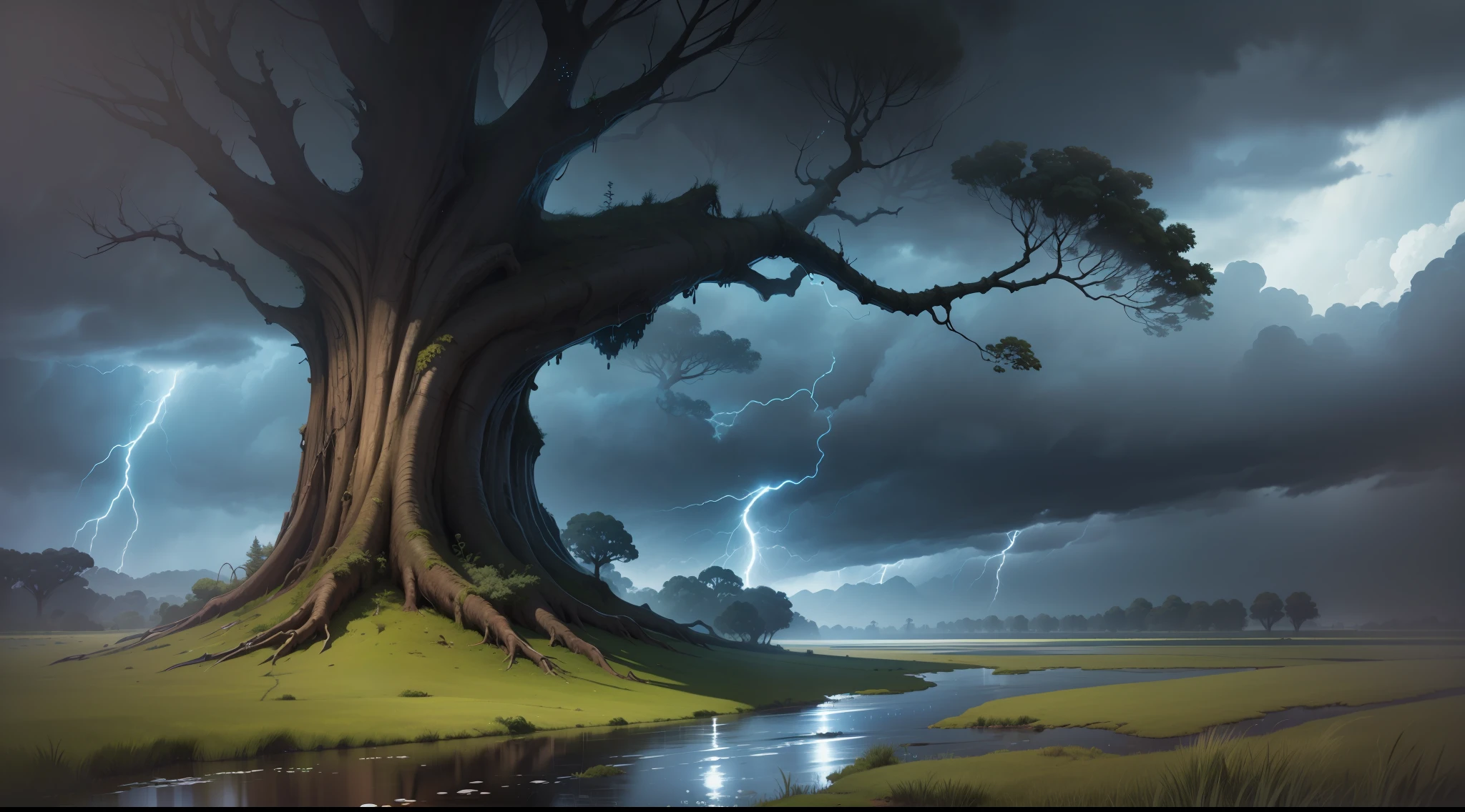 High quality, master quality, 4k, midnight rain, highly detailed, thunder storm, dark stormy clouds, rushing wind, plain grass landscape, wet lands, few giant trees, even lighting, dramatic lighting, anime style