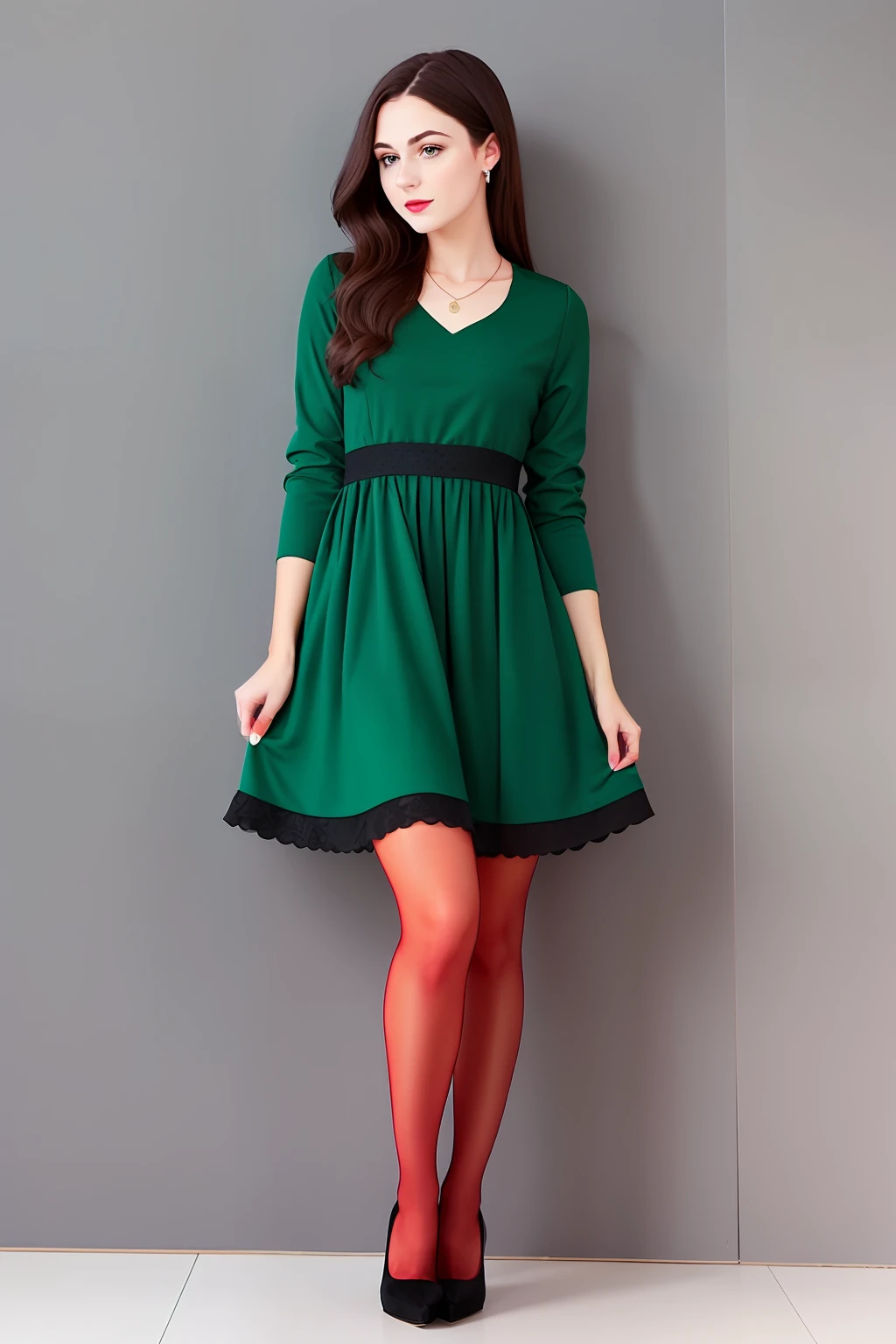 The dark-haired girl wore a green dress，Red stockings，Black high heels