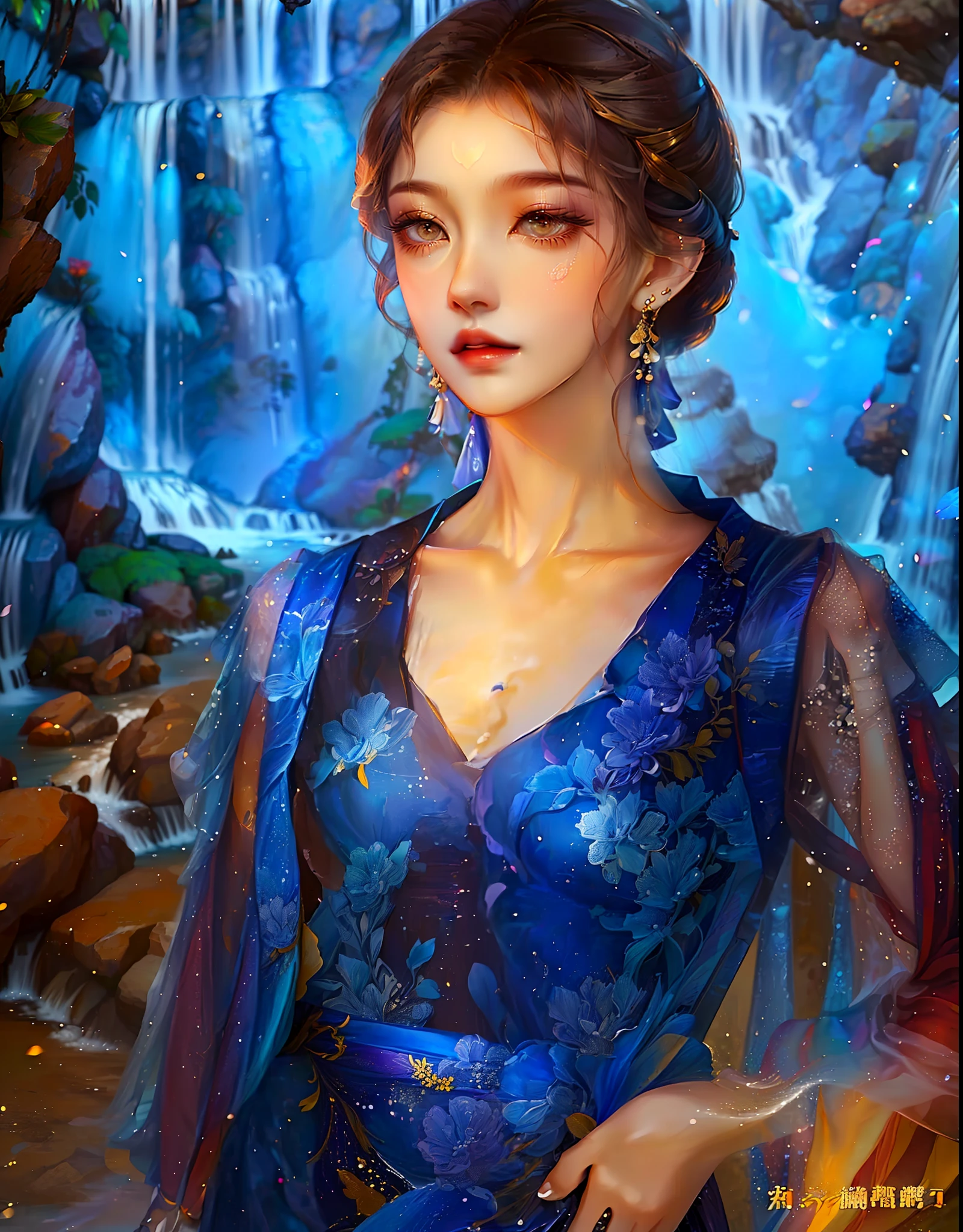 (High quality rendered detail, Graceful goddess style, 人物: femele, dress: Satin cheongsam, colours: Pure white, Long hair like a waterfall yellow)