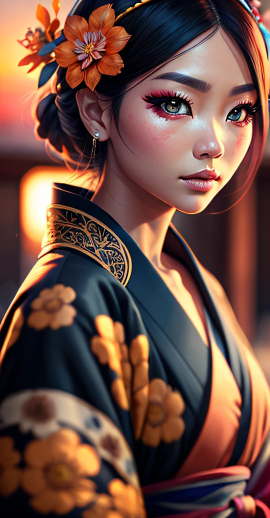 onmyoji,Japanese woman, hyper-detailing, warm tones, intricate details, volumetric, art by Iliya Kuvshinov, a glaring eyes, dvArchModern, 85 mm, f1.8, portraite of a, photo-realistic, A hyper-realistic, orange, Ultra-detailed, intrikate, dramatic, Sunset lighting, eye shadow, wide dynamic range